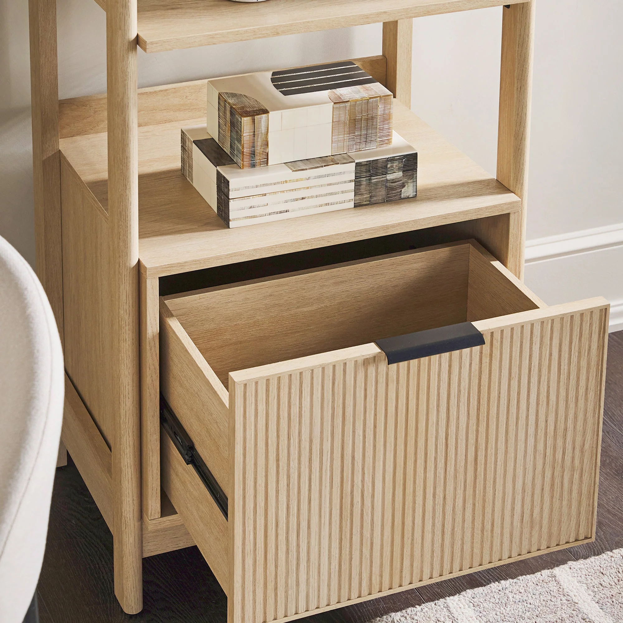 Jubilate Narrow Bookcase with Fluted Drawer and 4 Open Shelves - Image 6