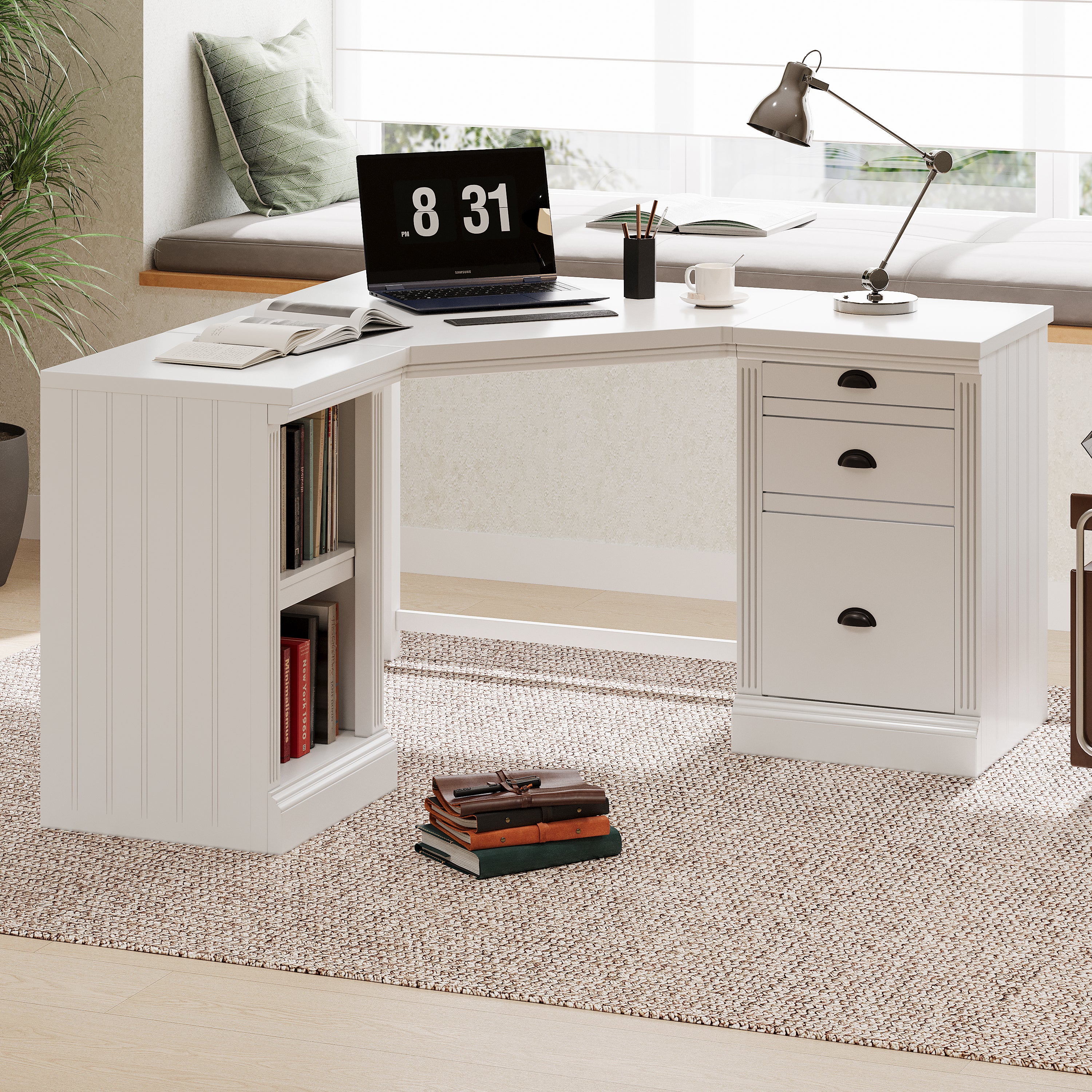 L Shaped Executive Desk with 2 Storage Cabinets and 3 Drawers