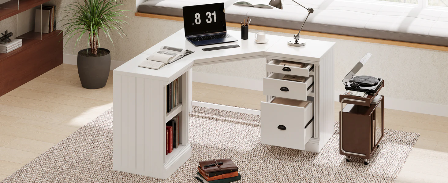 L Shaped Executive Desk with 2 Storage Cabinets and 3 Drawers - Image 10