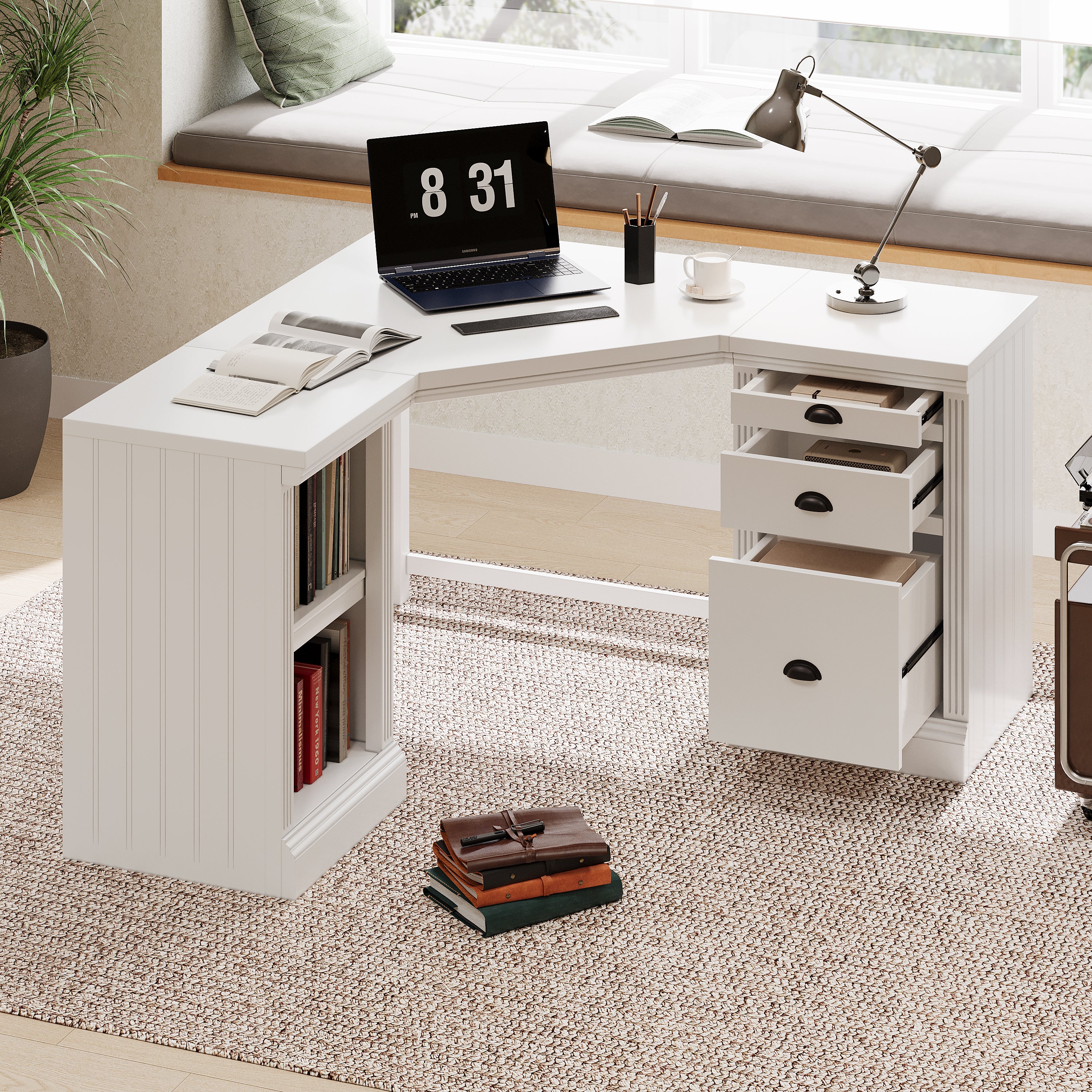 L Shaped Executive Desk with 2 Storage Cabinets and 3 Drawers - Image 3