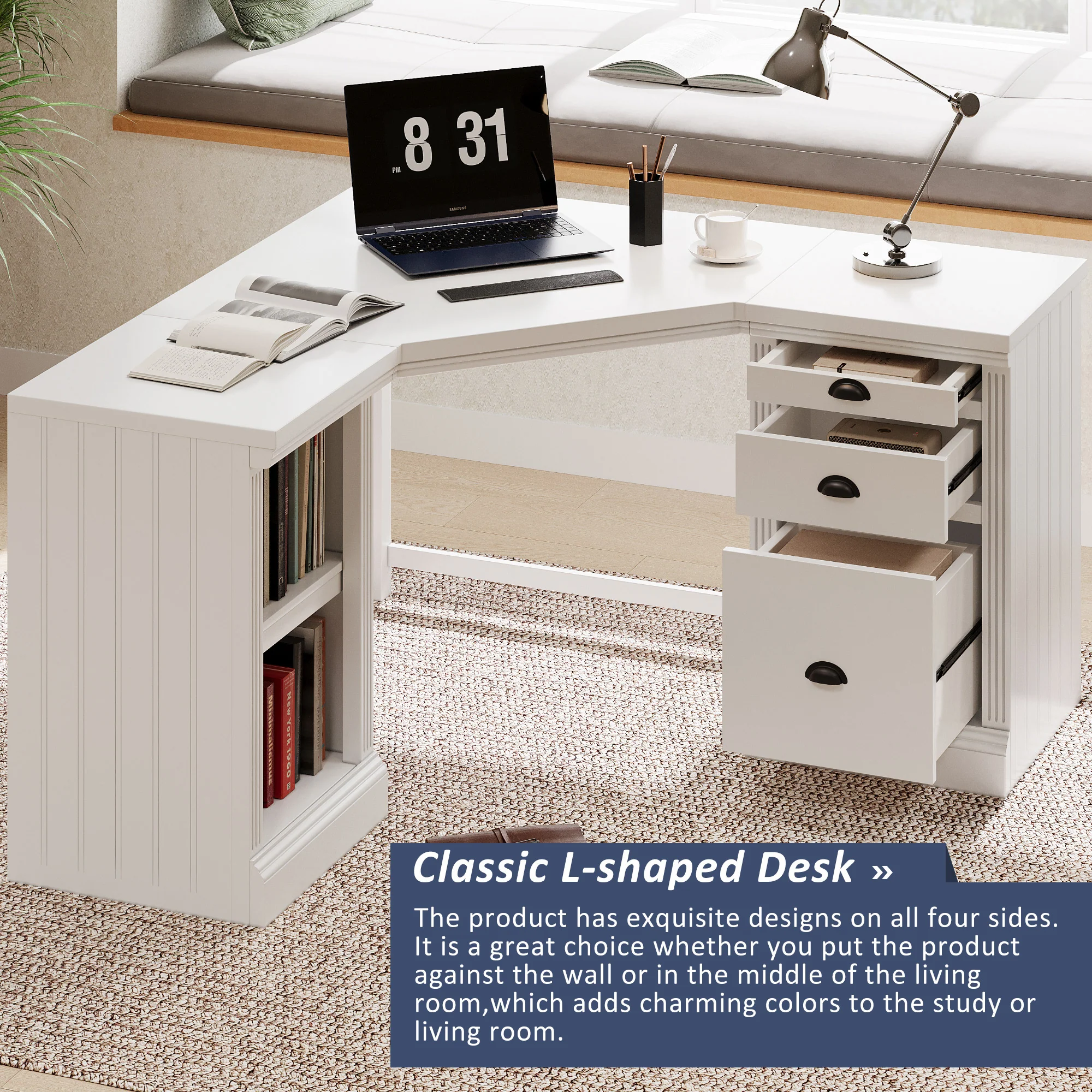 L Shaped Executive Desk with 2 Storage Cabinets and 3 Drawers - Image 5