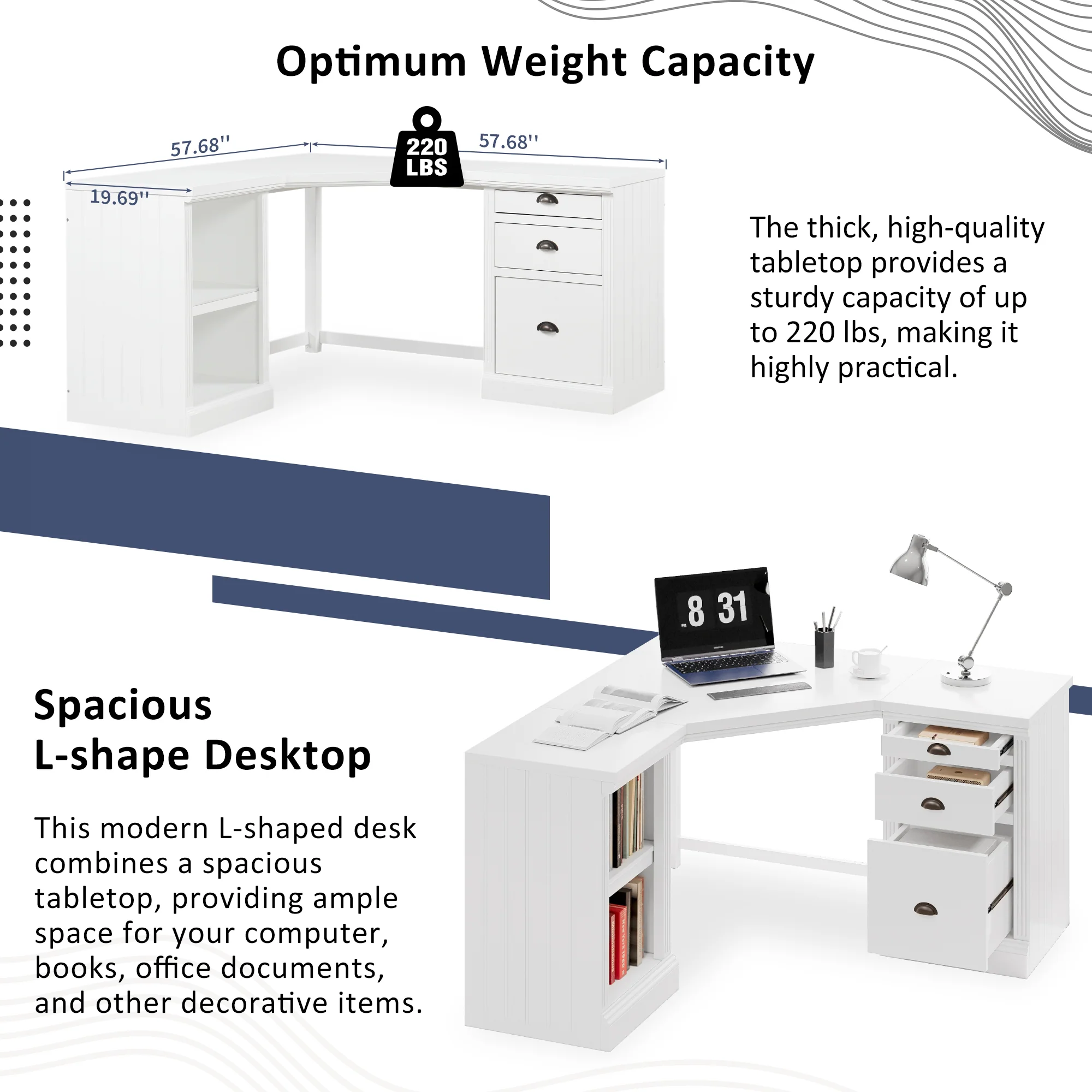L Shaped Executive Desk with 2 Storage Cabinets and 3 Drawers - Image 6