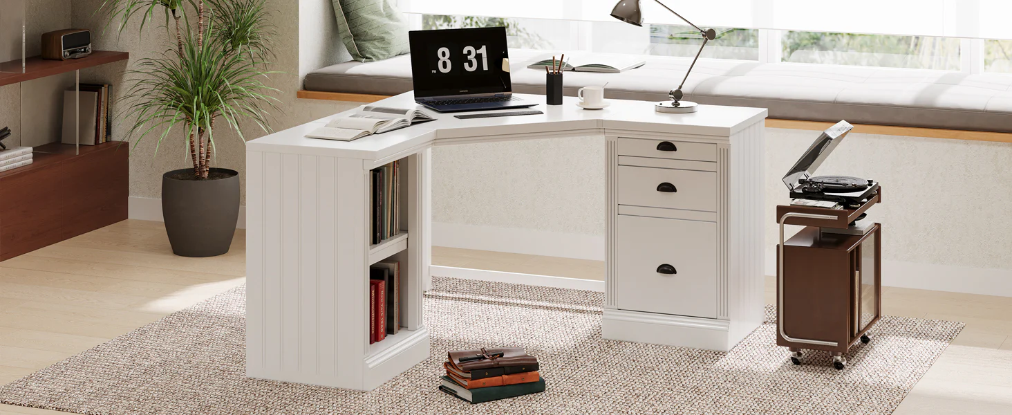 L Shaped Executive Desk with 2 Storage Cabinets and 3 Drawers - Image 9