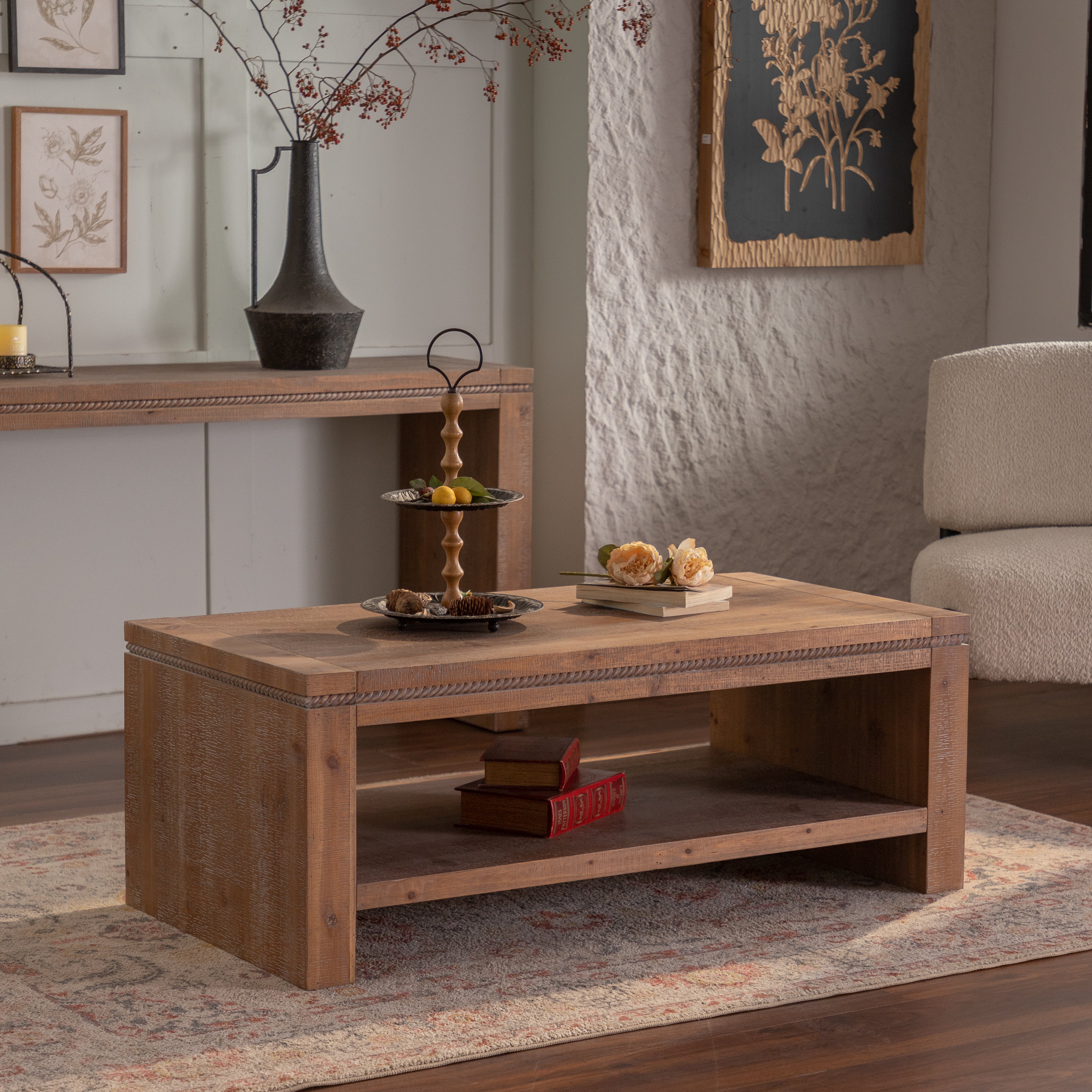 Large 2-Tier Rustic Coffee Table with Storage Shelf and Carved Detail - Image 2
