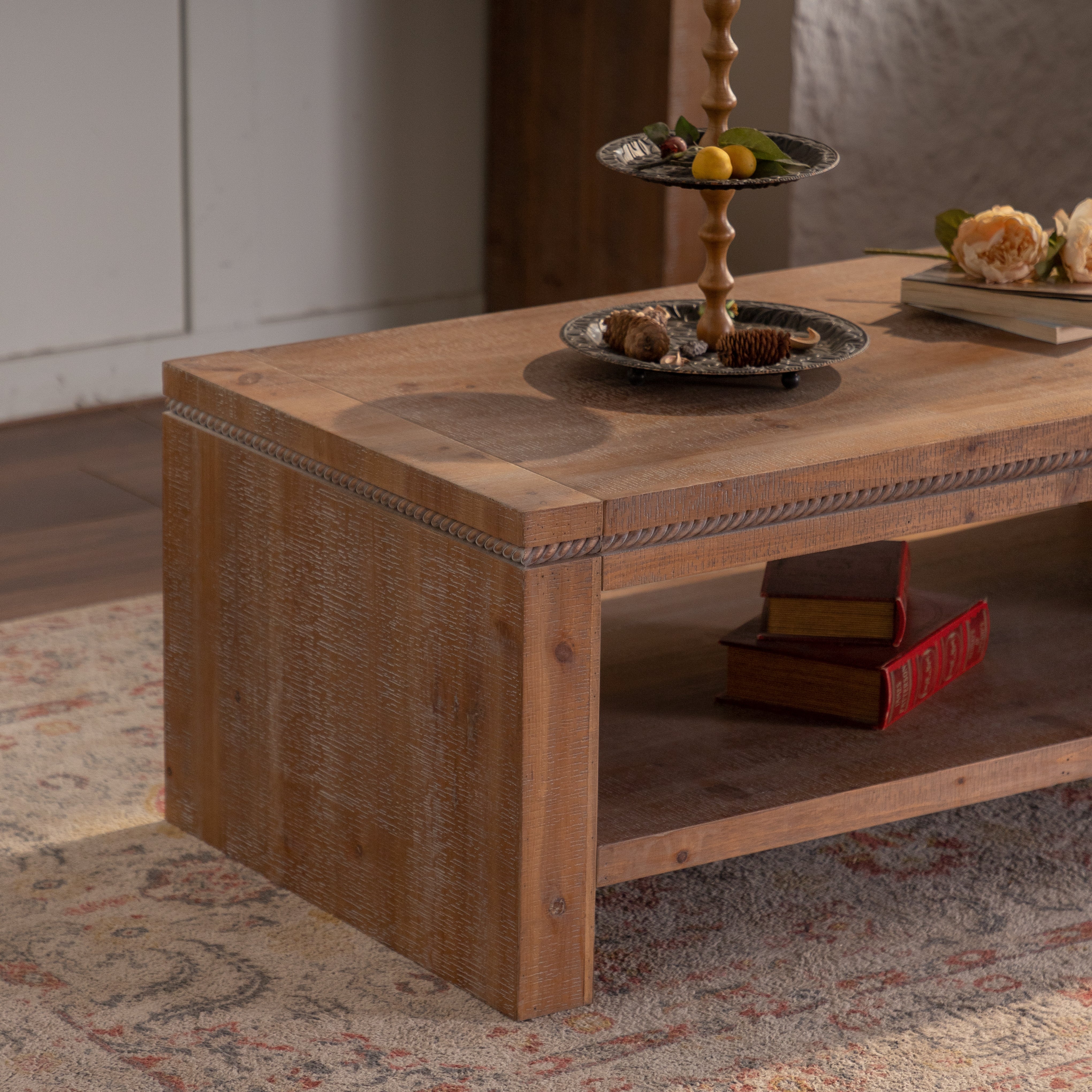 Large 2-Tier Rustic Coffee Table with Storage Shelf and Carved Detail - Image 4