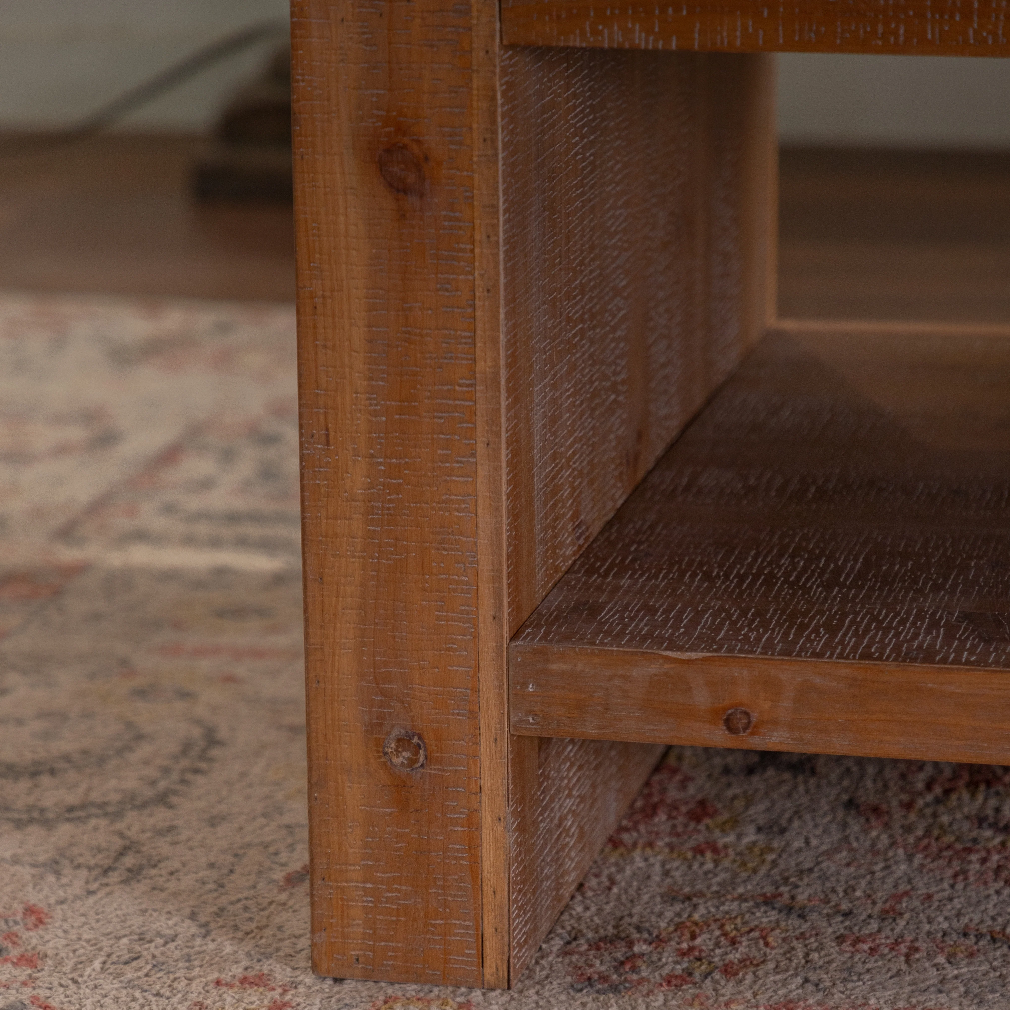 Large 2-Tier Rustic Coffee Table with Storage Shelf and Carved Detail - Image 5