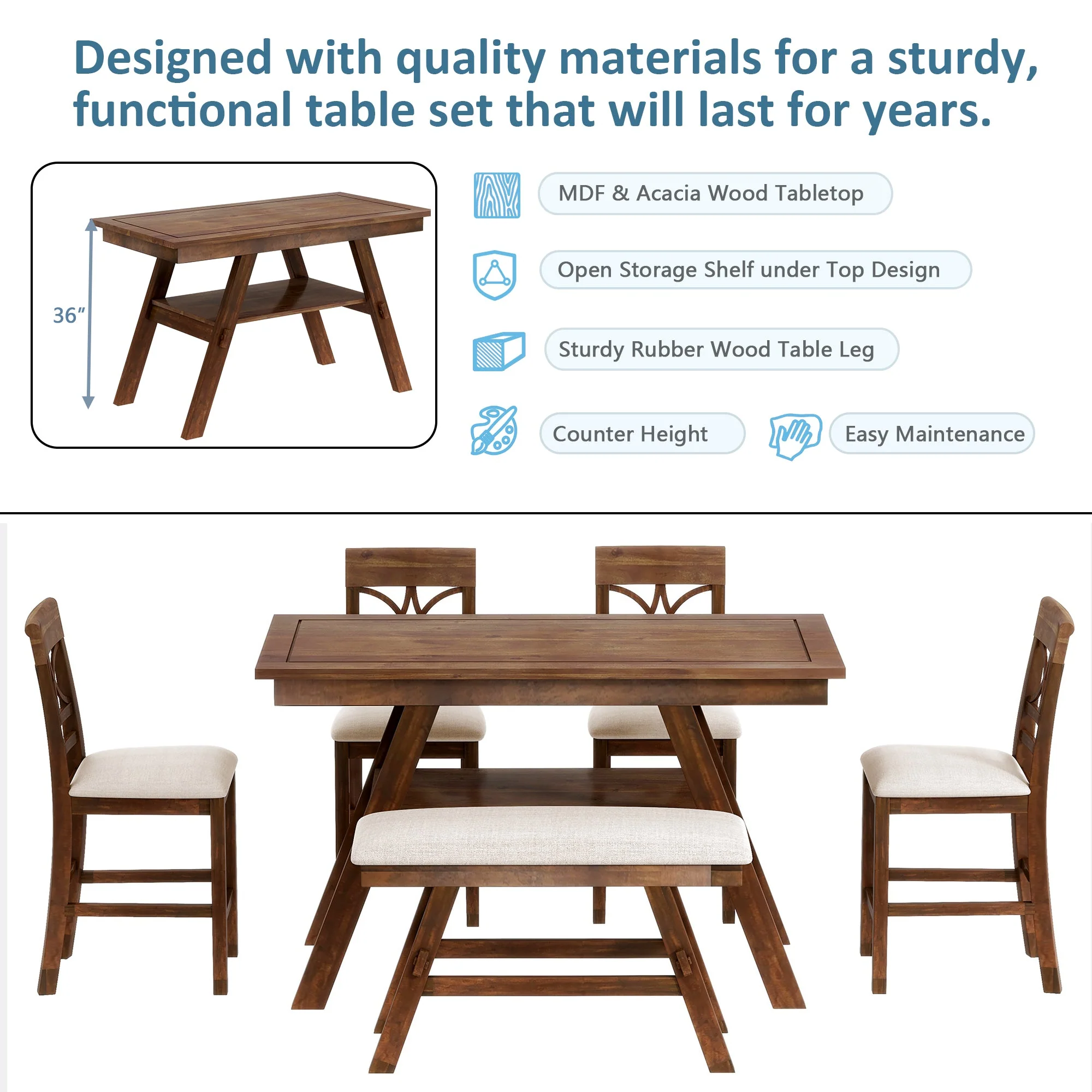 Lauren 6 Piece Counter Height Dining Table Set with Storage Shelf, 4 Chairs and Bench - Image 11