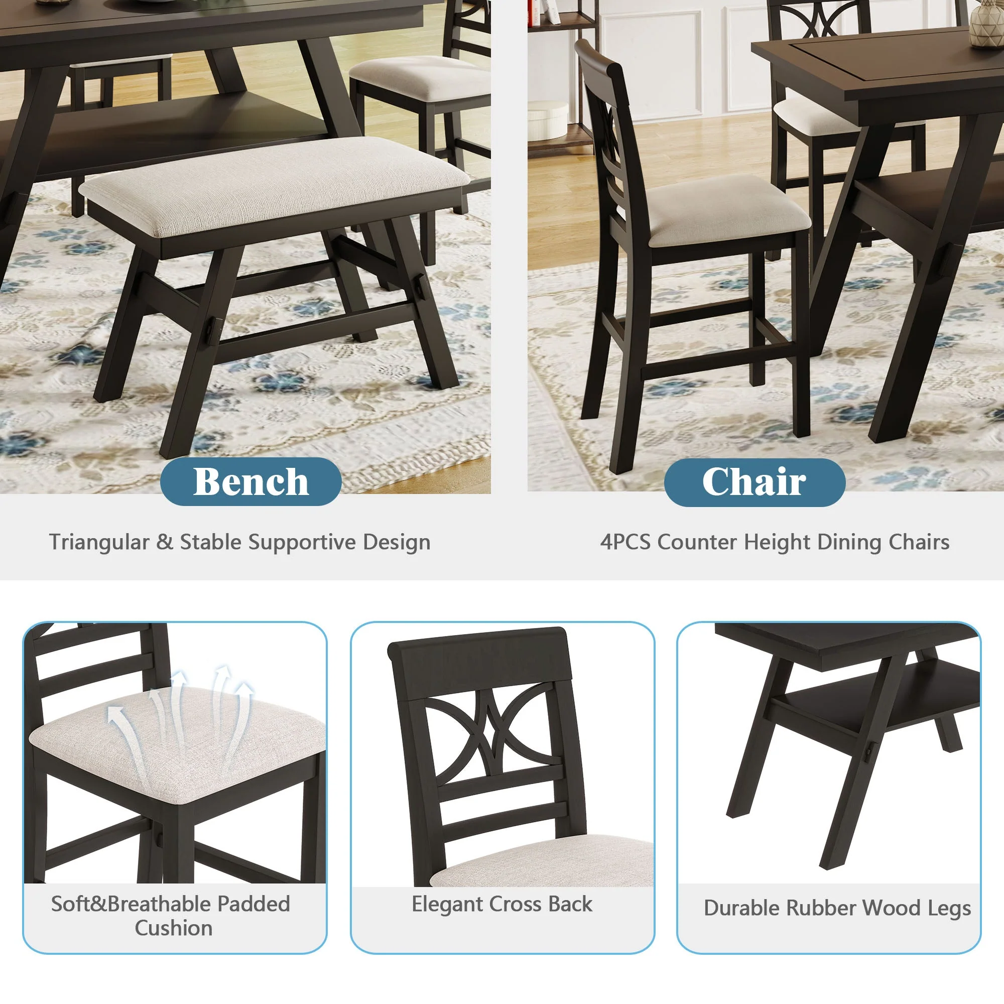 Lauren 6 Piece Counter Height Dining Table Set with Storage Shelf, 4 Chairs and Bench - Image 3