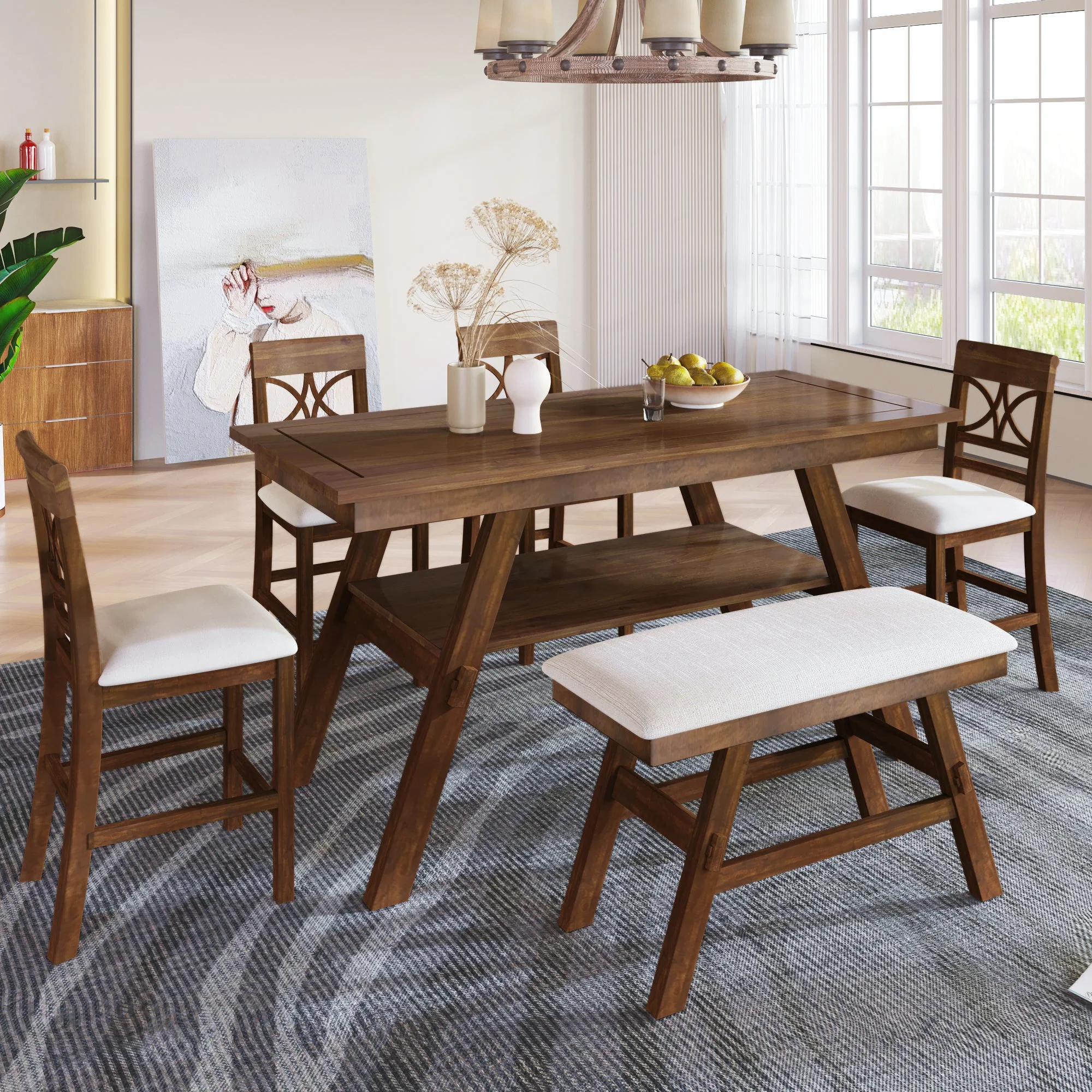 Lauren 6 Piece Counter Height Dining Table Set with Storage Shelf, 4 Chairs and Bench - Image 4