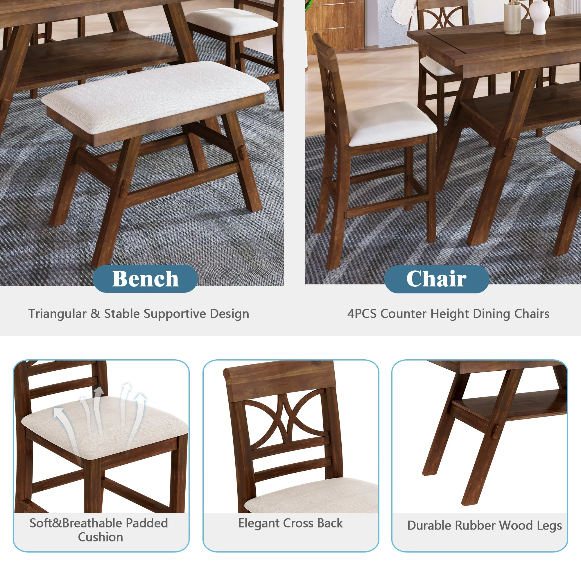 Lauren 6 Piece Counter Height Dining Table Set with Storage Shelf, 4 Chairs and Bench - Image 6