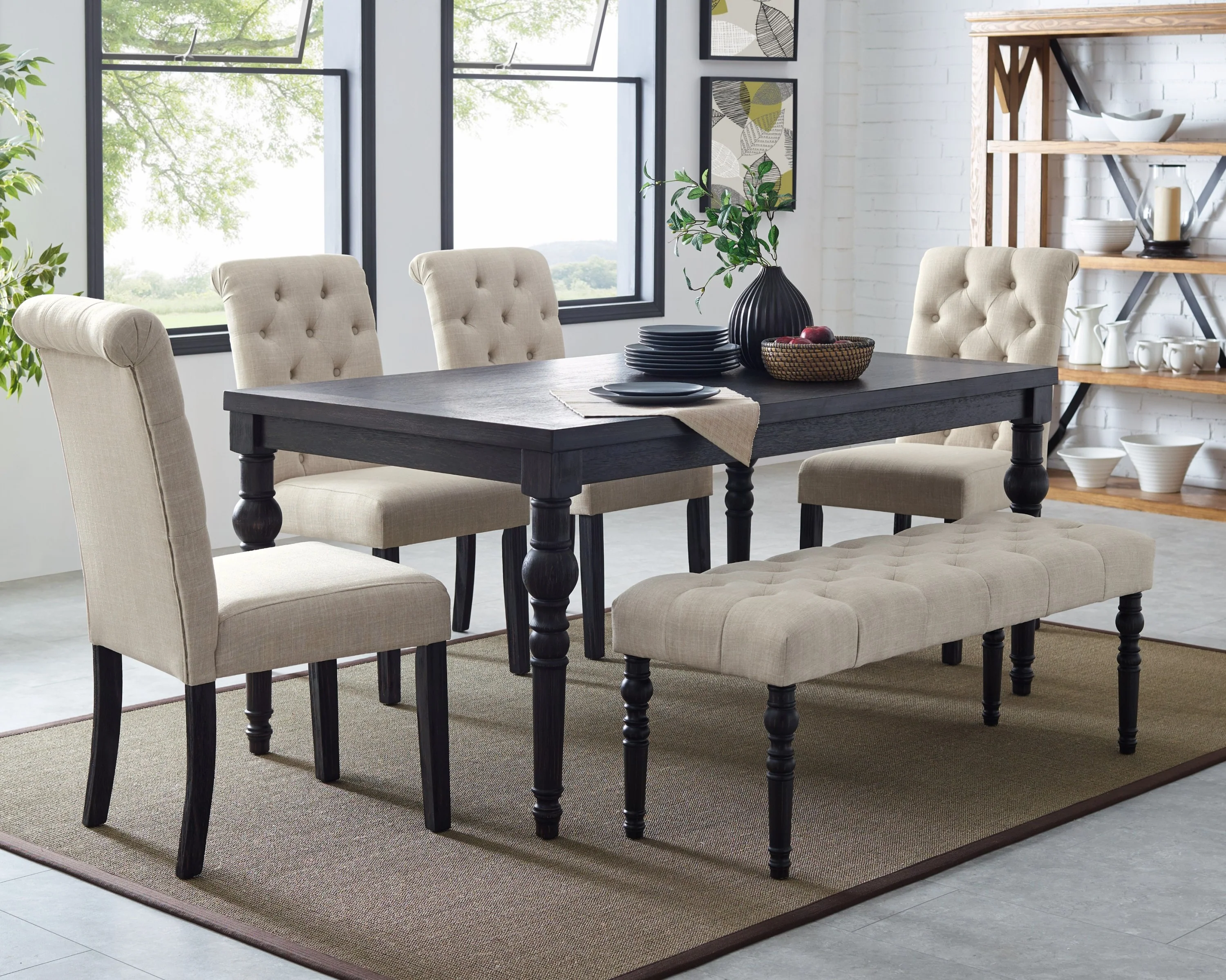 Levi Turned-Leg Dining Set with Table, 4 Chairs and Bench