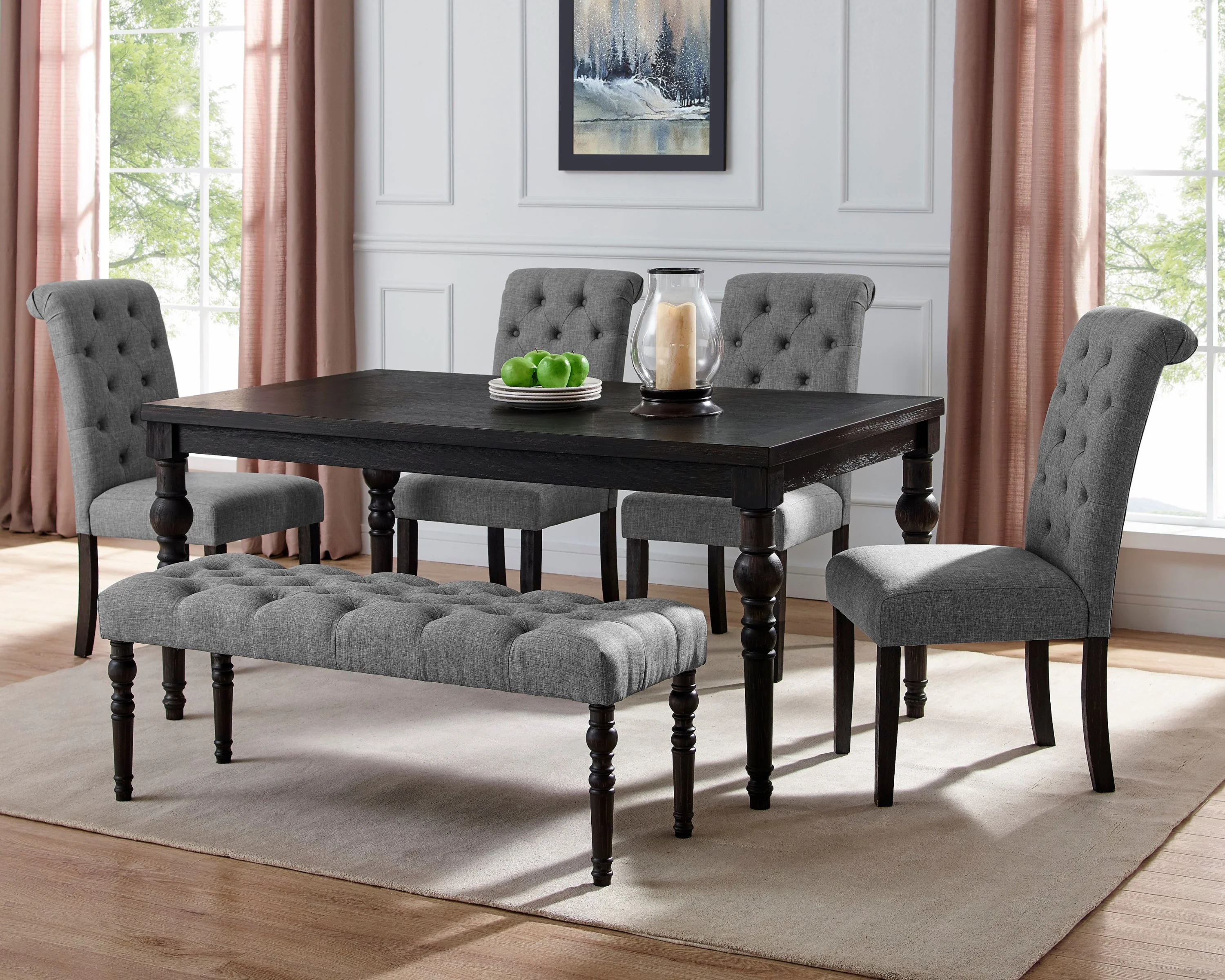 Levi Turned-Leg Dining Set with Table, 4 Chairs and Bench - Image 3