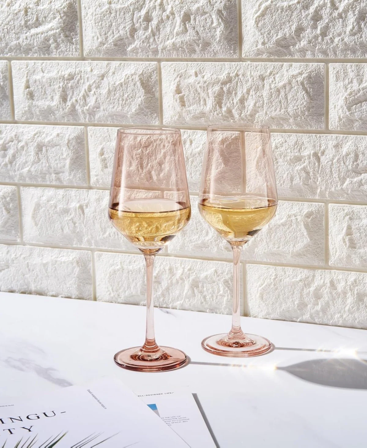 Light Pink Colored Crystal Wine Glasses Set of 2 - Image 2