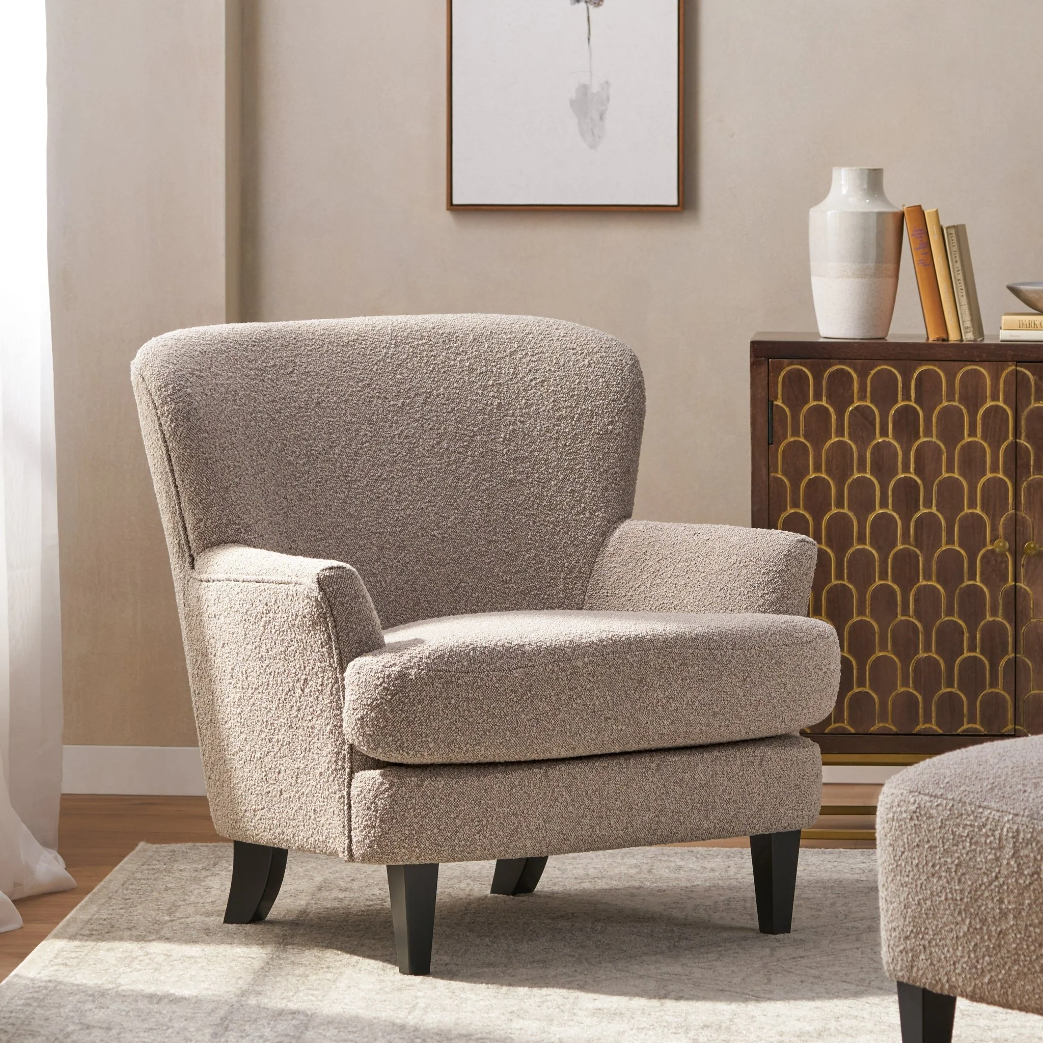 Melodique Boucle Fabric Upholstered Club Chair with Tapered Legs - Image 15