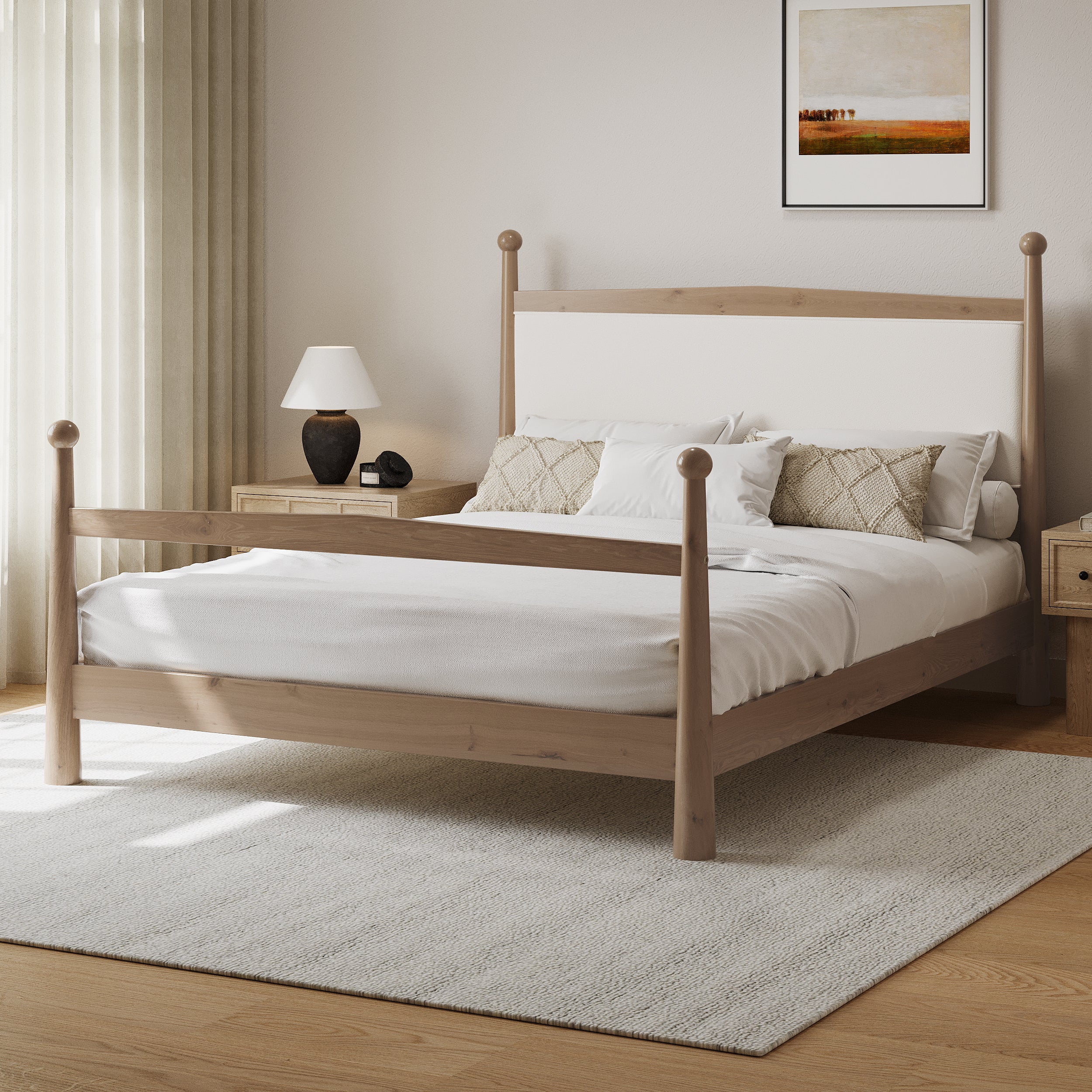 Mid-Century Modern Wood Platform Bed with Upholstered Headboard