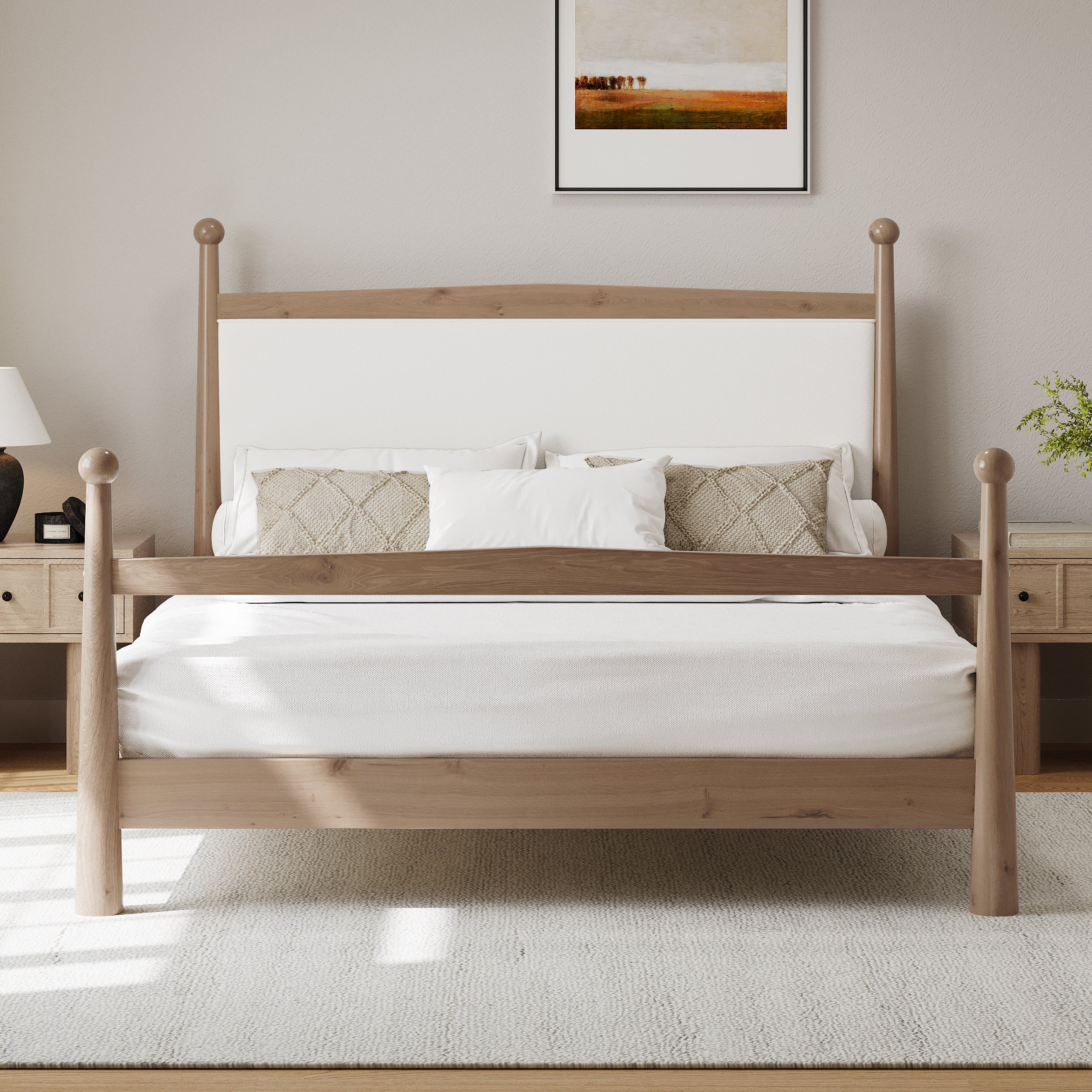 Mid-Century Modern Wood Platform Bed with Upholstered Headboard - Image 3