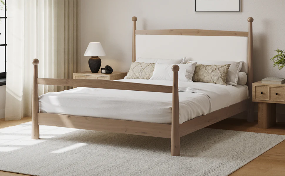 Mid-Century Modern Wood Platform Bed with Upholstered Headboard - Image 9