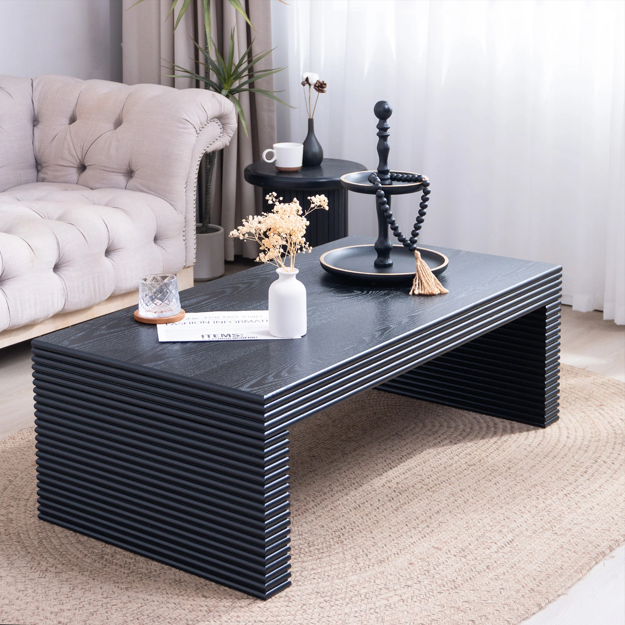 Modern Black Ribbed Coffee Table - Image 2
