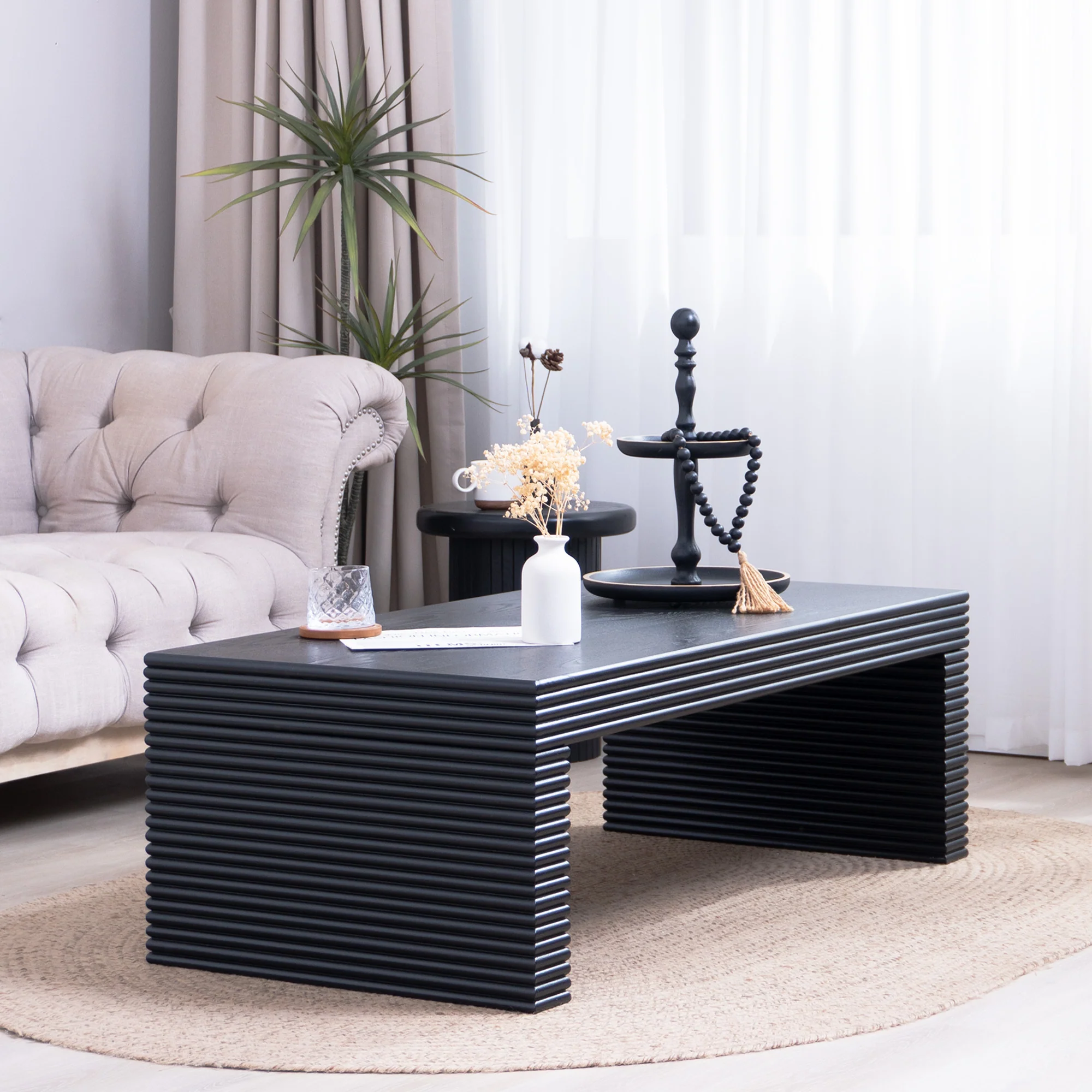 Modern Black Ribbed Coffee Table - Image 3