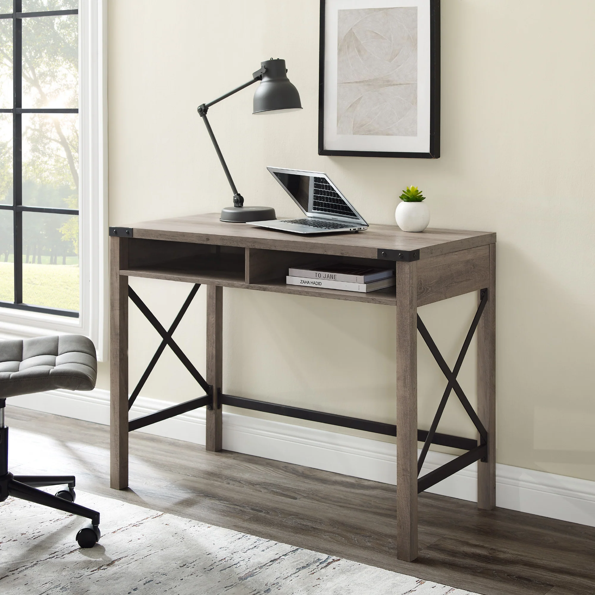 Modern Farmhouse Metal-X Desk with Open Cubbies - Image 5