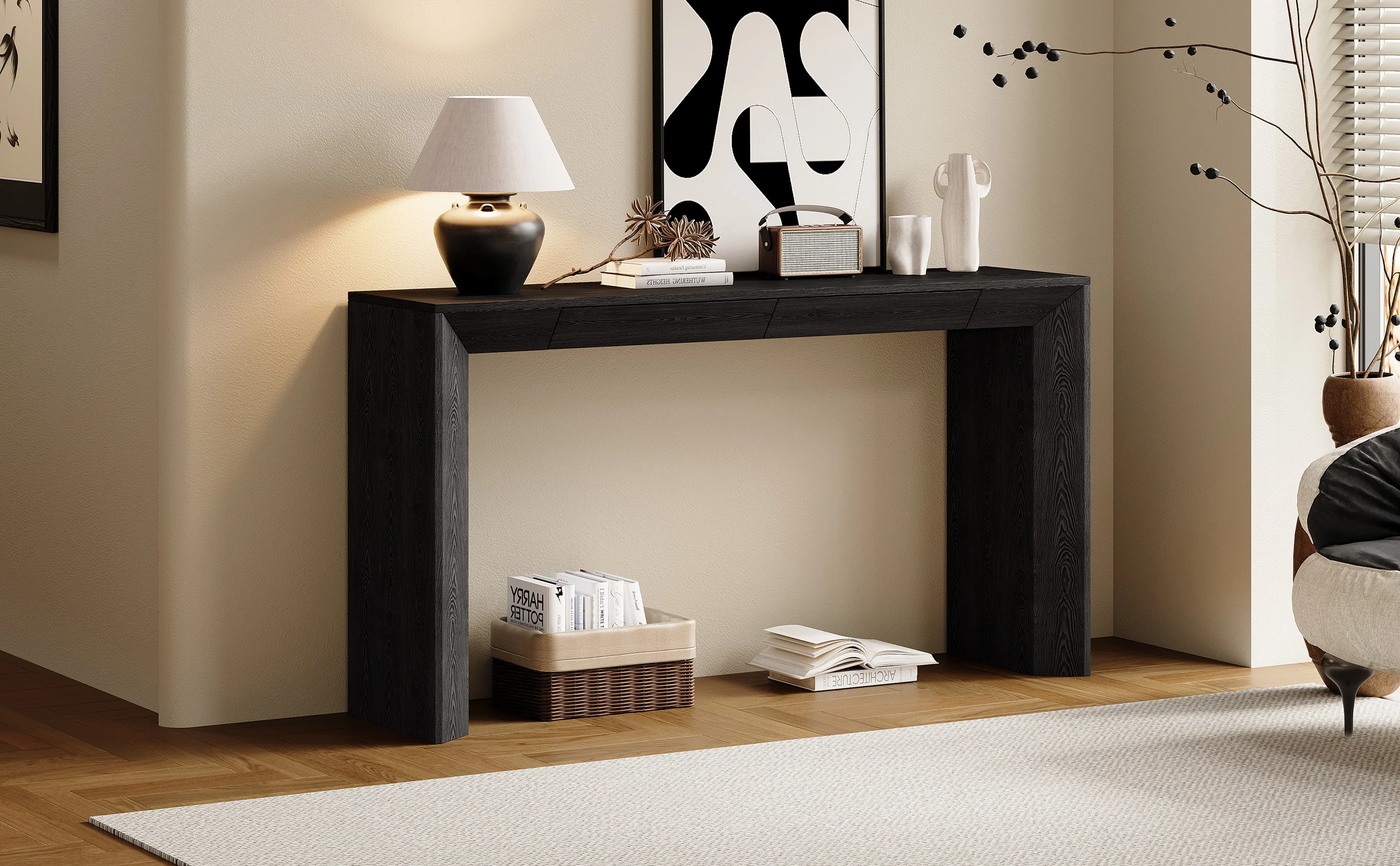Modern Farmhouse Waterfall Console Table with 2 Concealed Drawers - Image 15