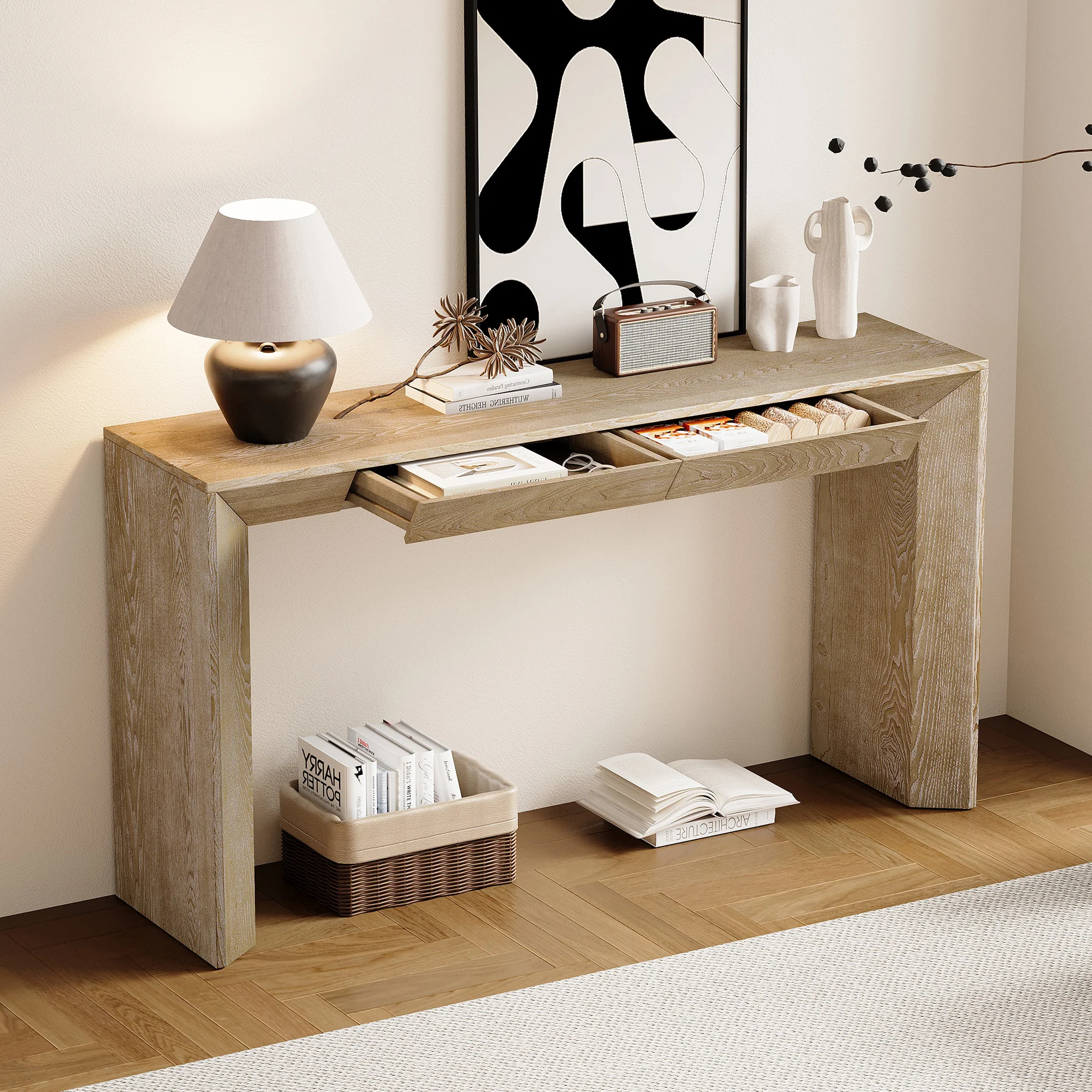 Modern Farmhouse Waterfall Console Table with 2 Concealed Drawers - Image 17