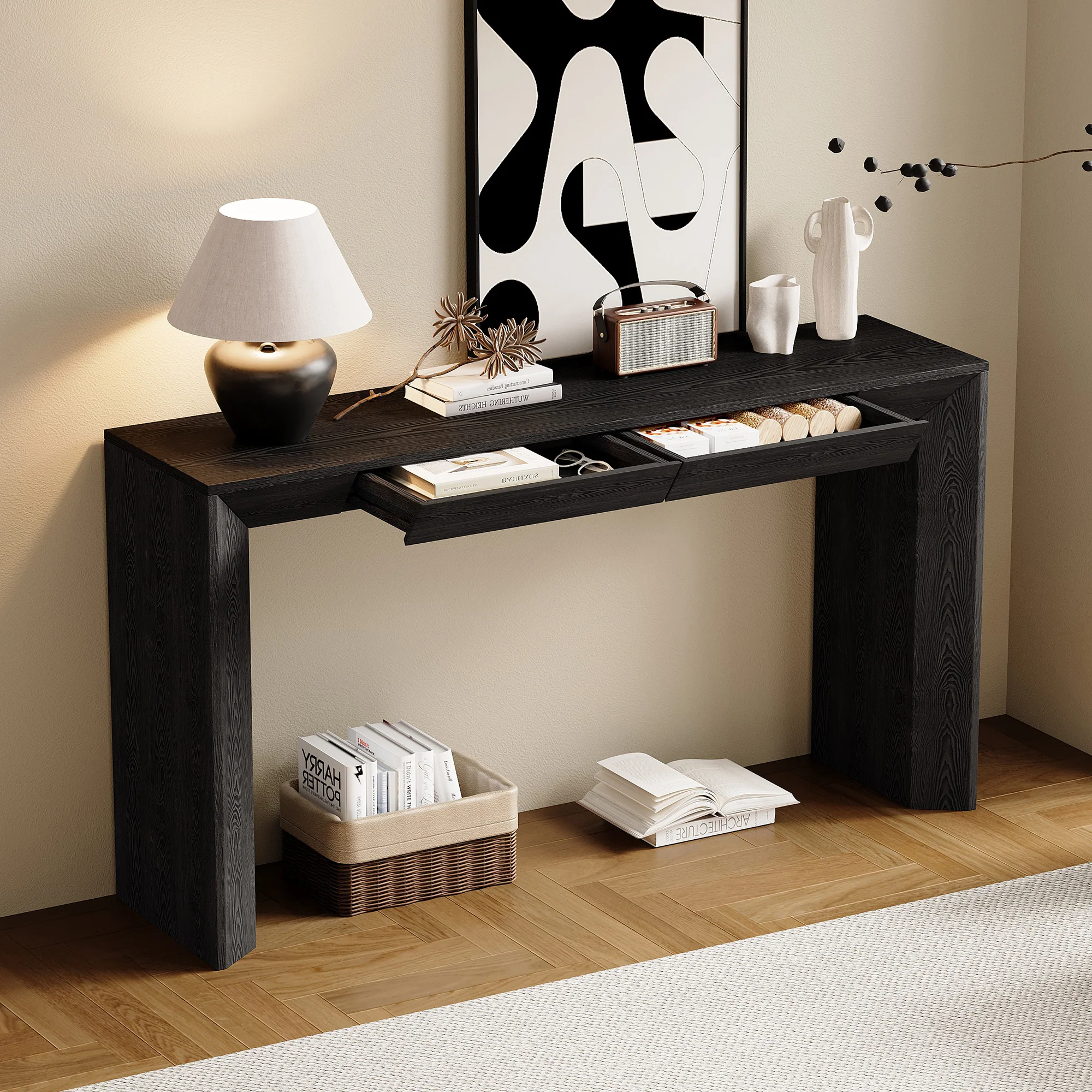 Modern Farmhouse Waterfall Console Table with 2 Concealed Drawers - Image 3