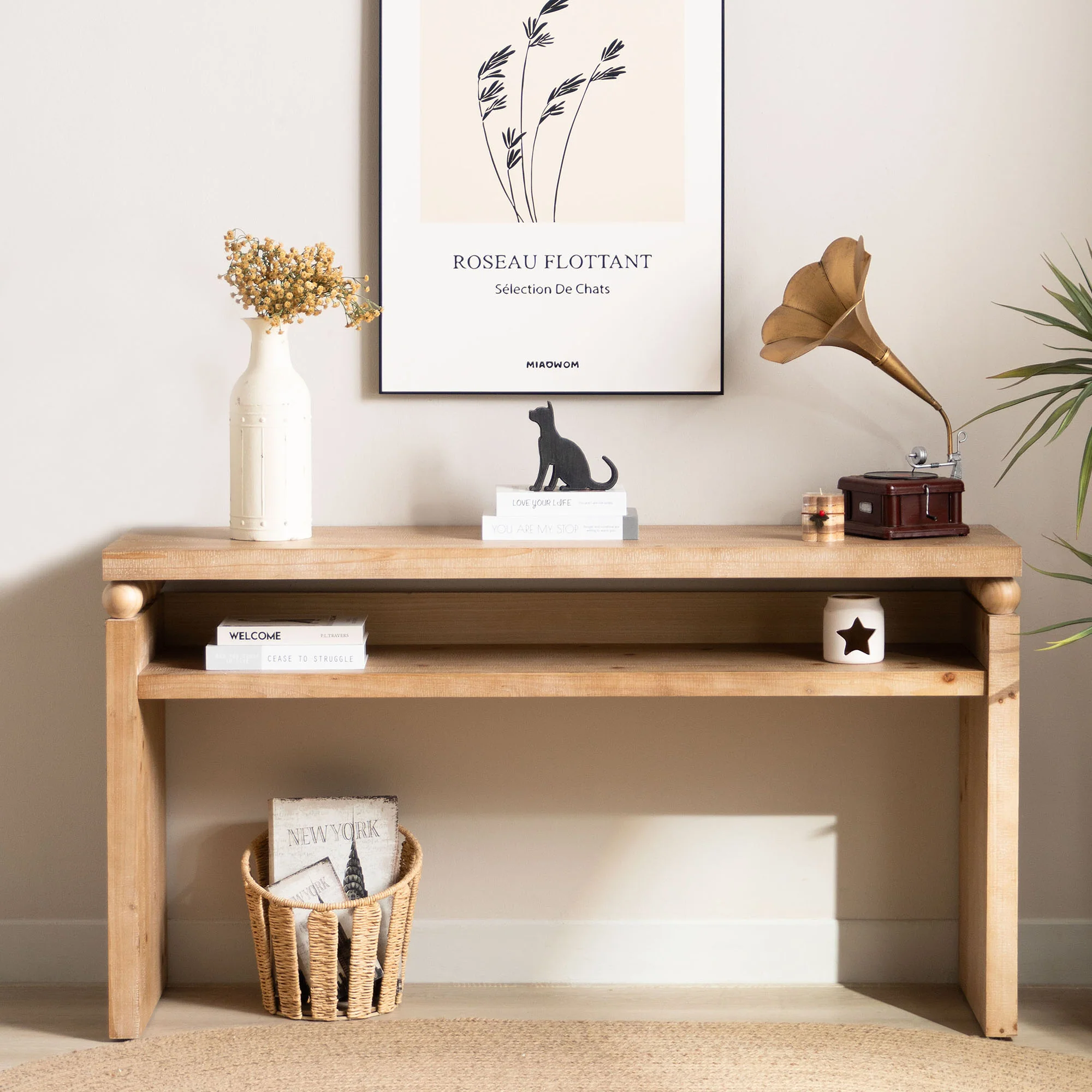Modern Rustic Console Table with Shelf & Decorative Bead Detail - Image 2