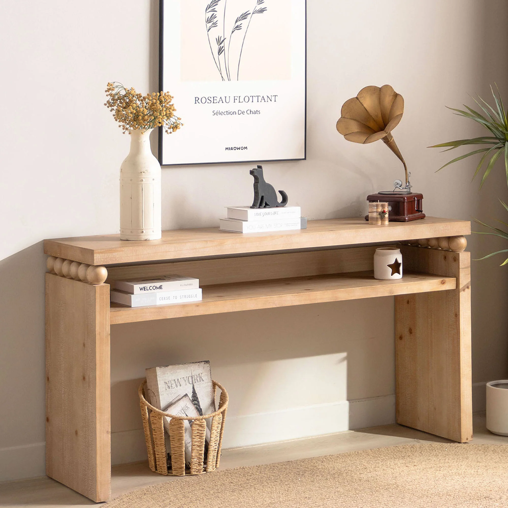 Modern Rustic Console Table with Shelf & Decorative Bead Detail - Image 3