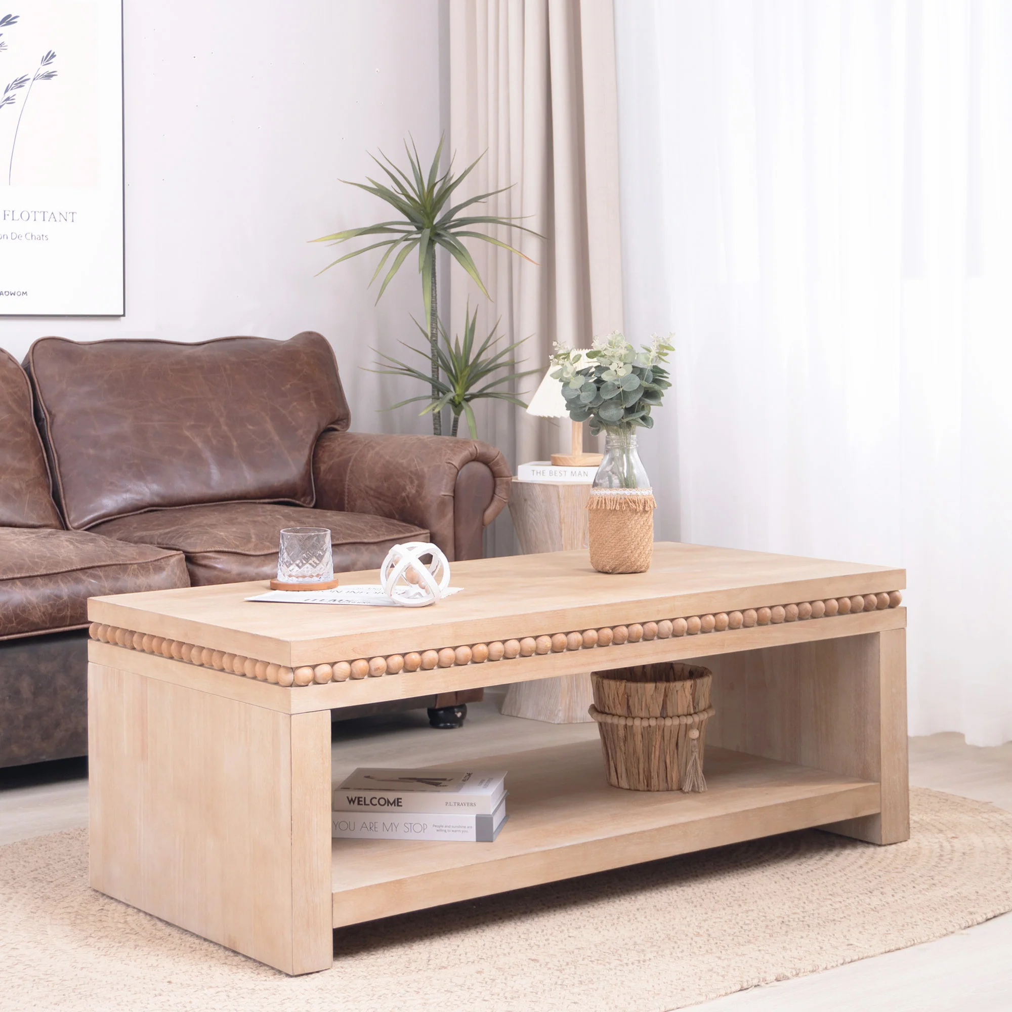 Modern Wood Coffee Table with Beaded Trim - Image 12