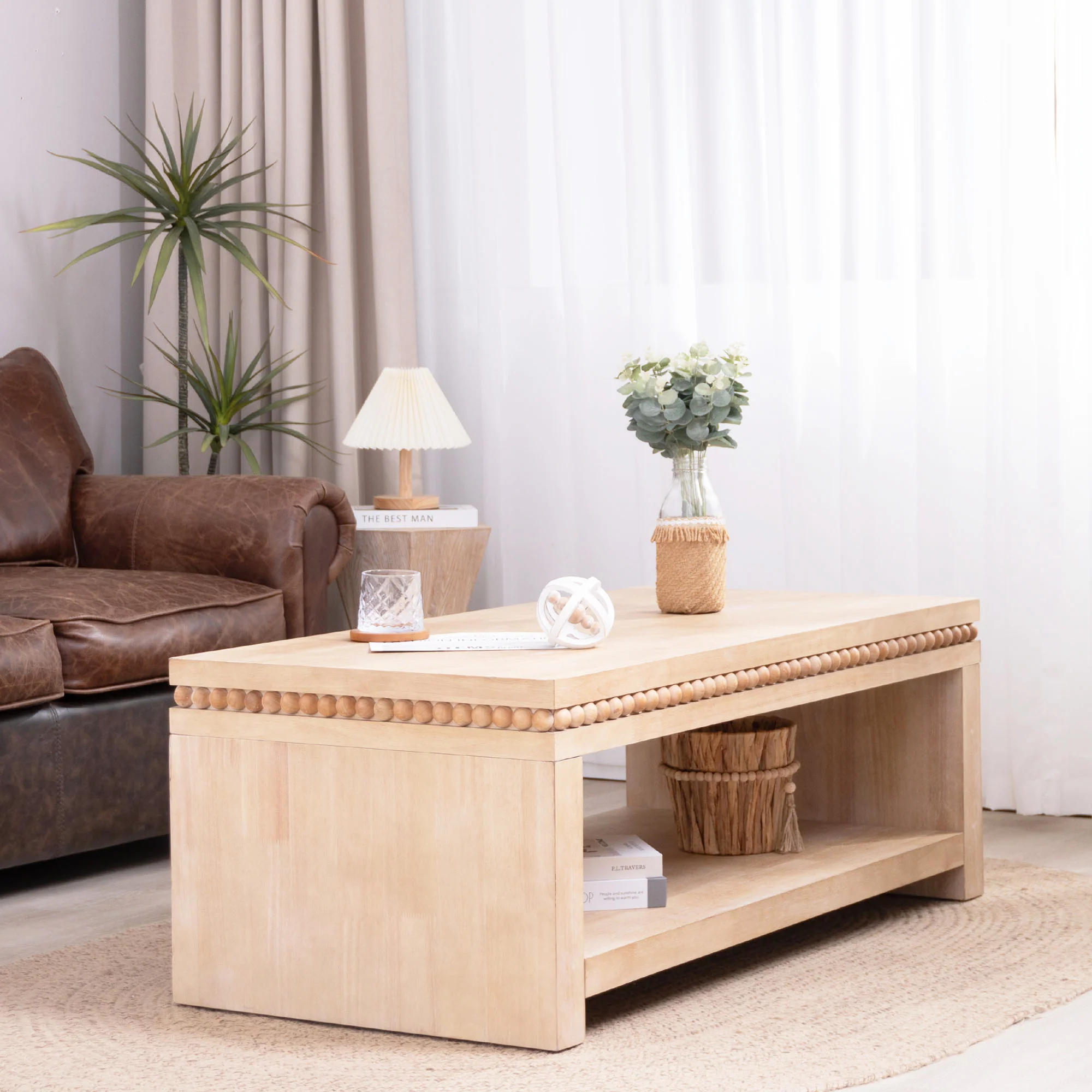 Modern Wood Coffee Table with Beaded Trim - Image 13