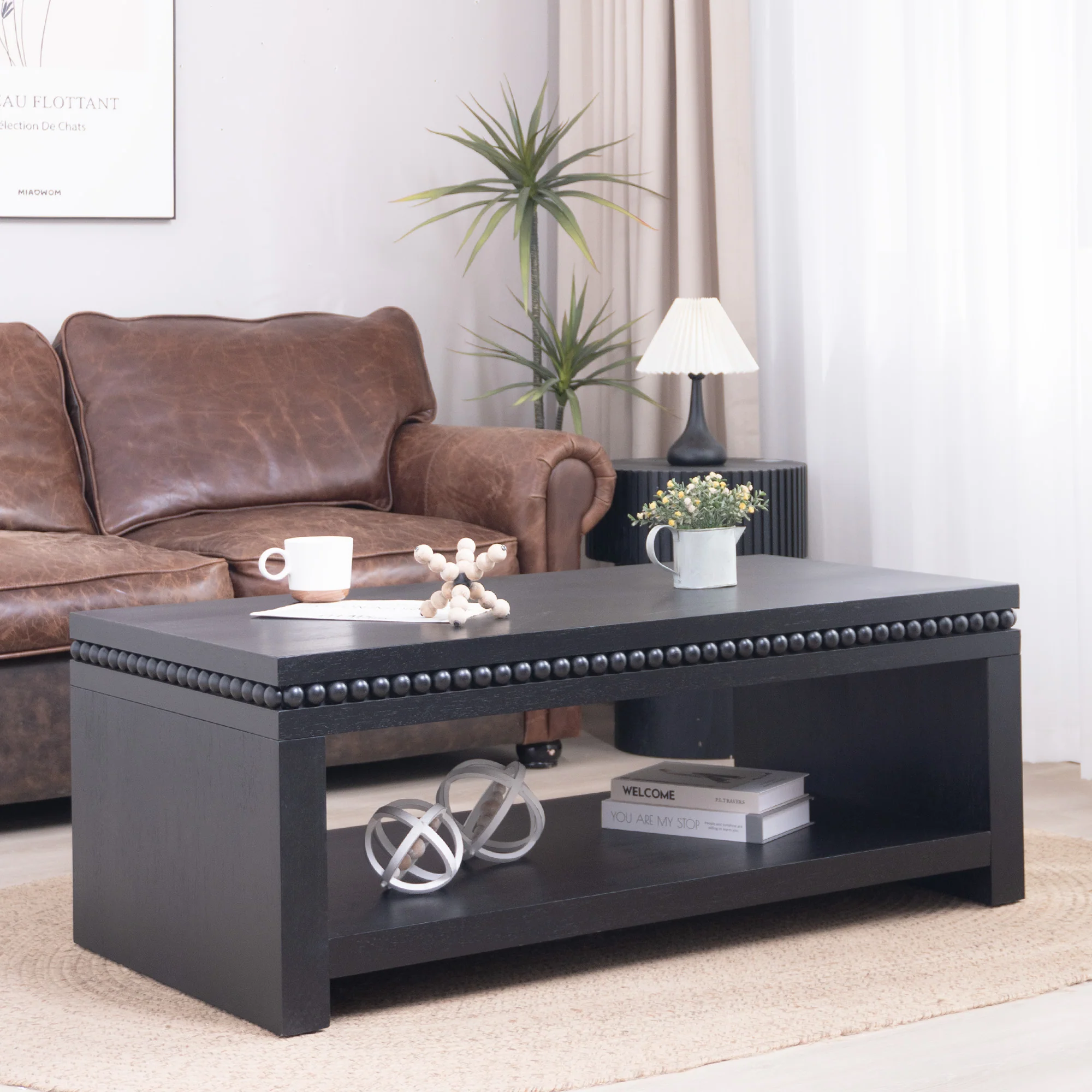 Modern Wood Coffee Table with Beaded Trim - Image 2
