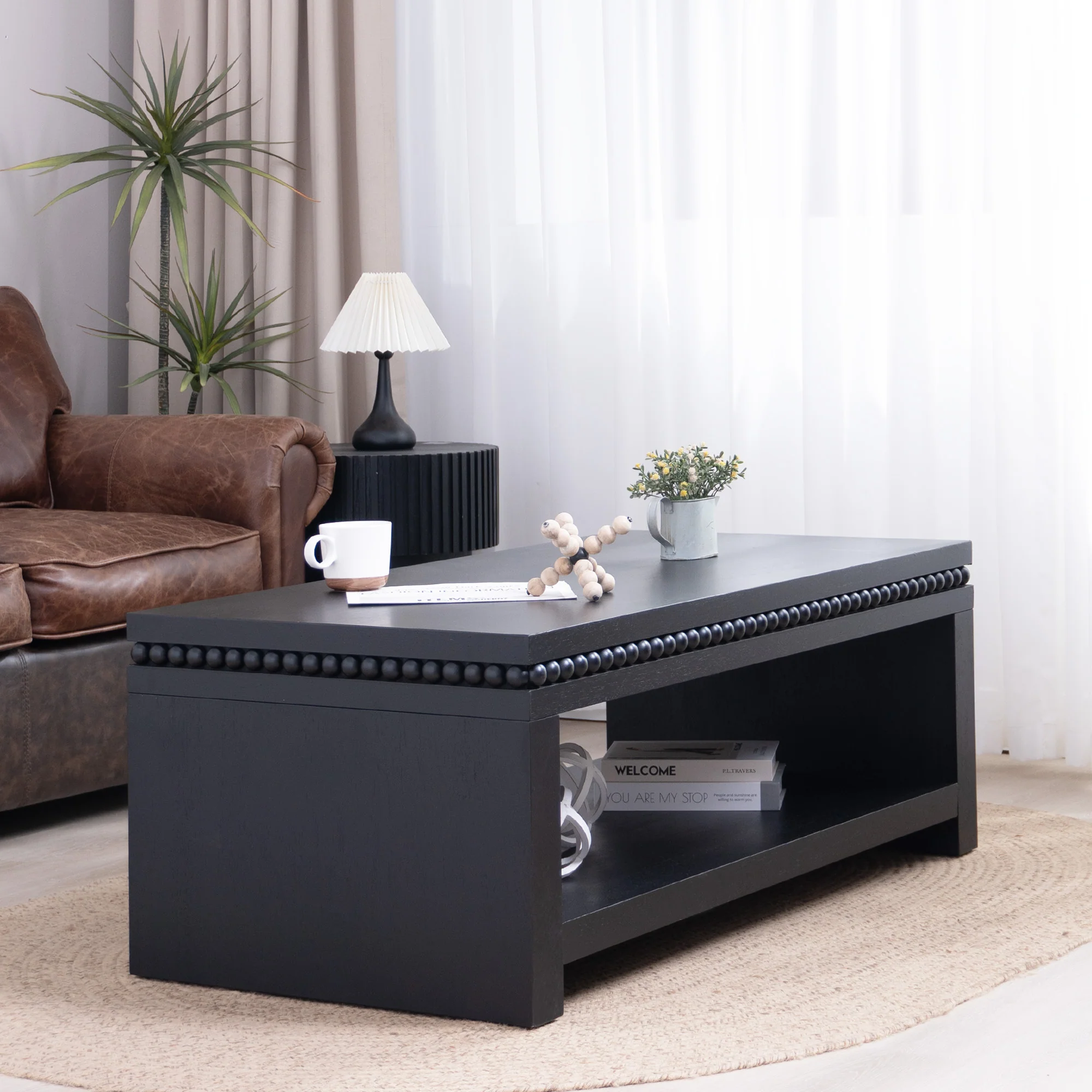 Modern Wood Coffee Table with Beaded Trim - Image 3