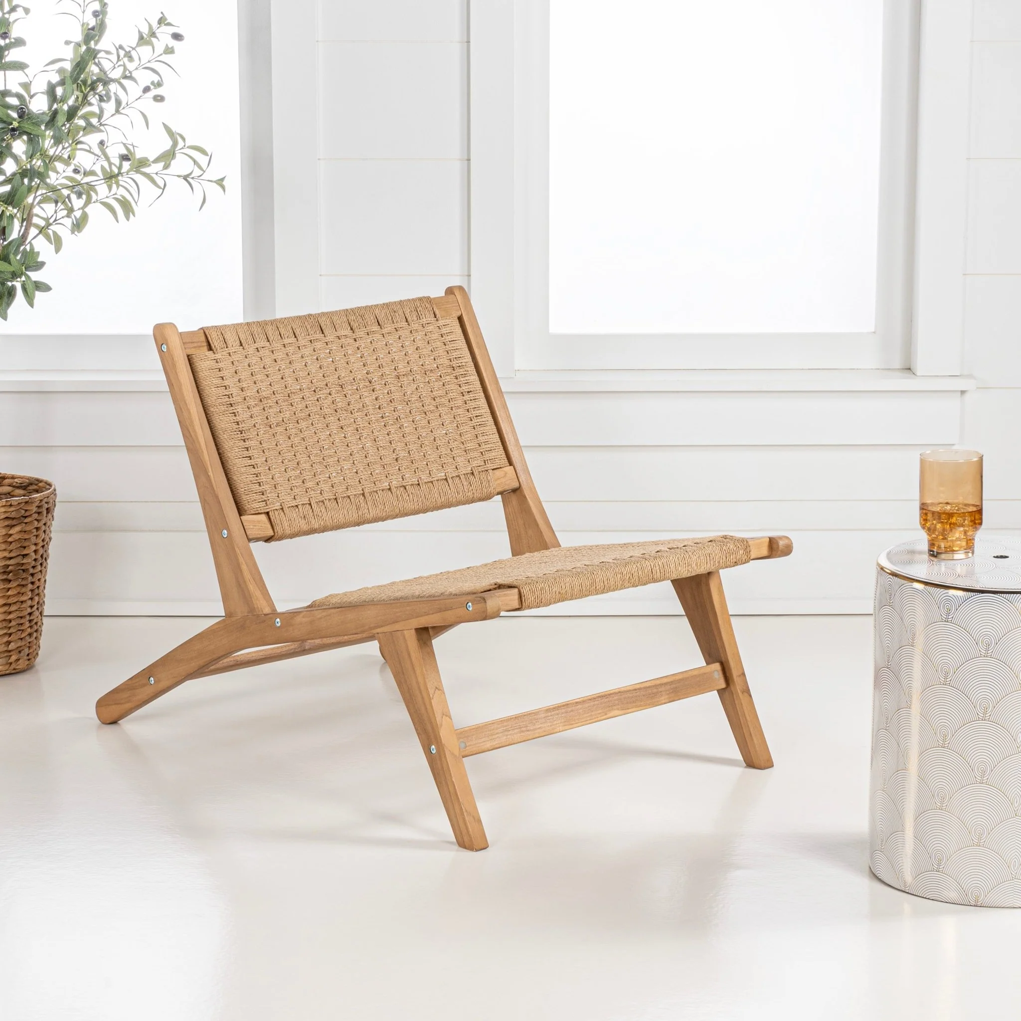 Parker Mid-Century Modern Woven Seagrass Wood Armless Lounge Chair - Image 4