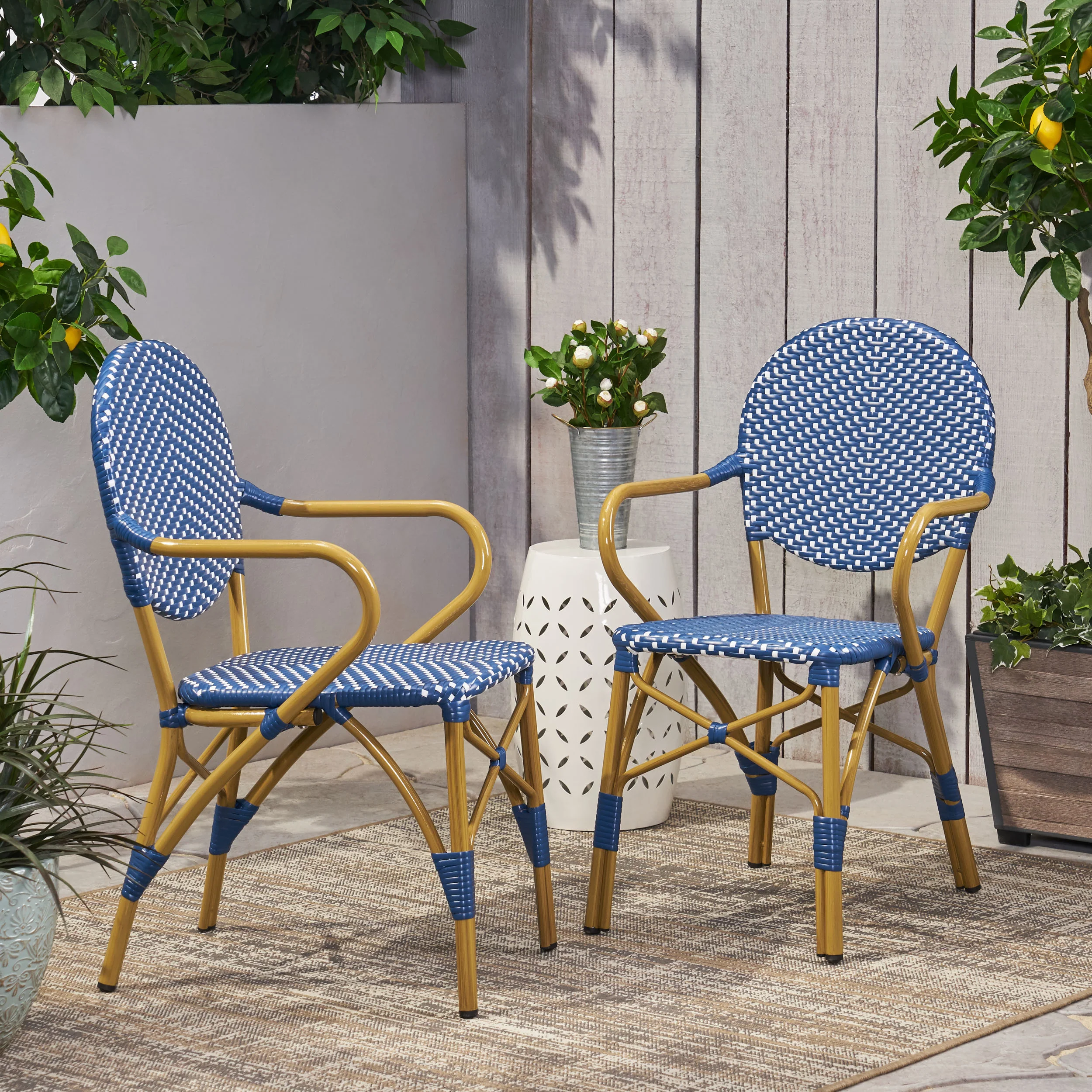 Paul French Bistro Outdoor Dining Chairs, Set of 2 Blue & White - Image 4
