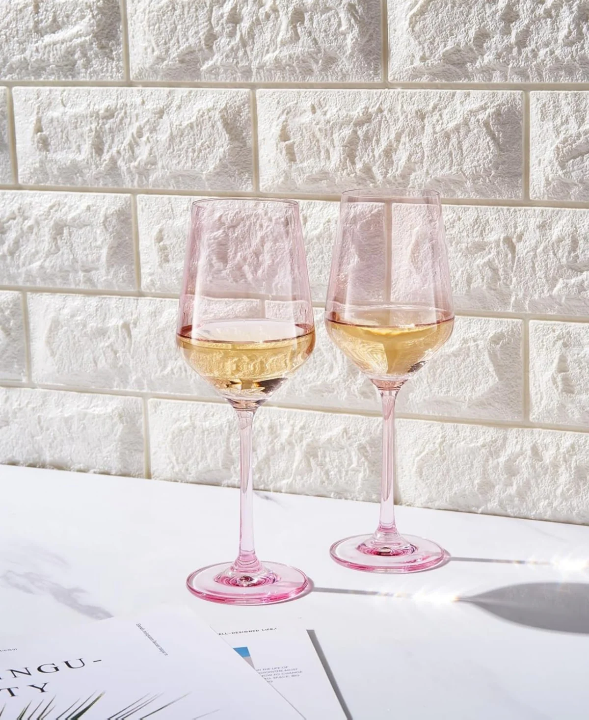 Poptail Pink Colored Crystal Wine Glasses Set of 2 - Image 2