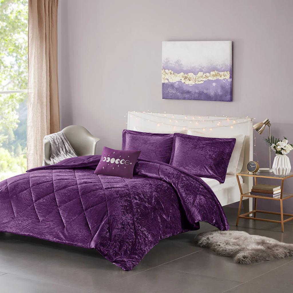 Purple Velvet Twin/Twin XL Comforter Set with Throw Pillow