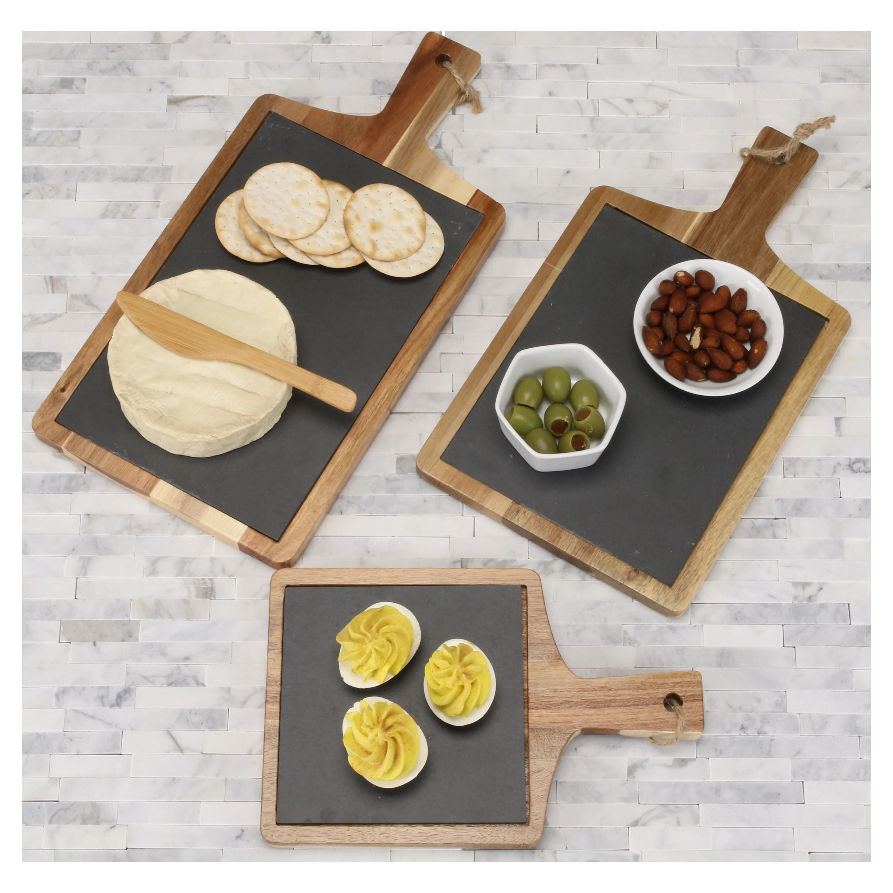 Rectangular Set of 3 Slate and Wood Serving Boards - Image 2