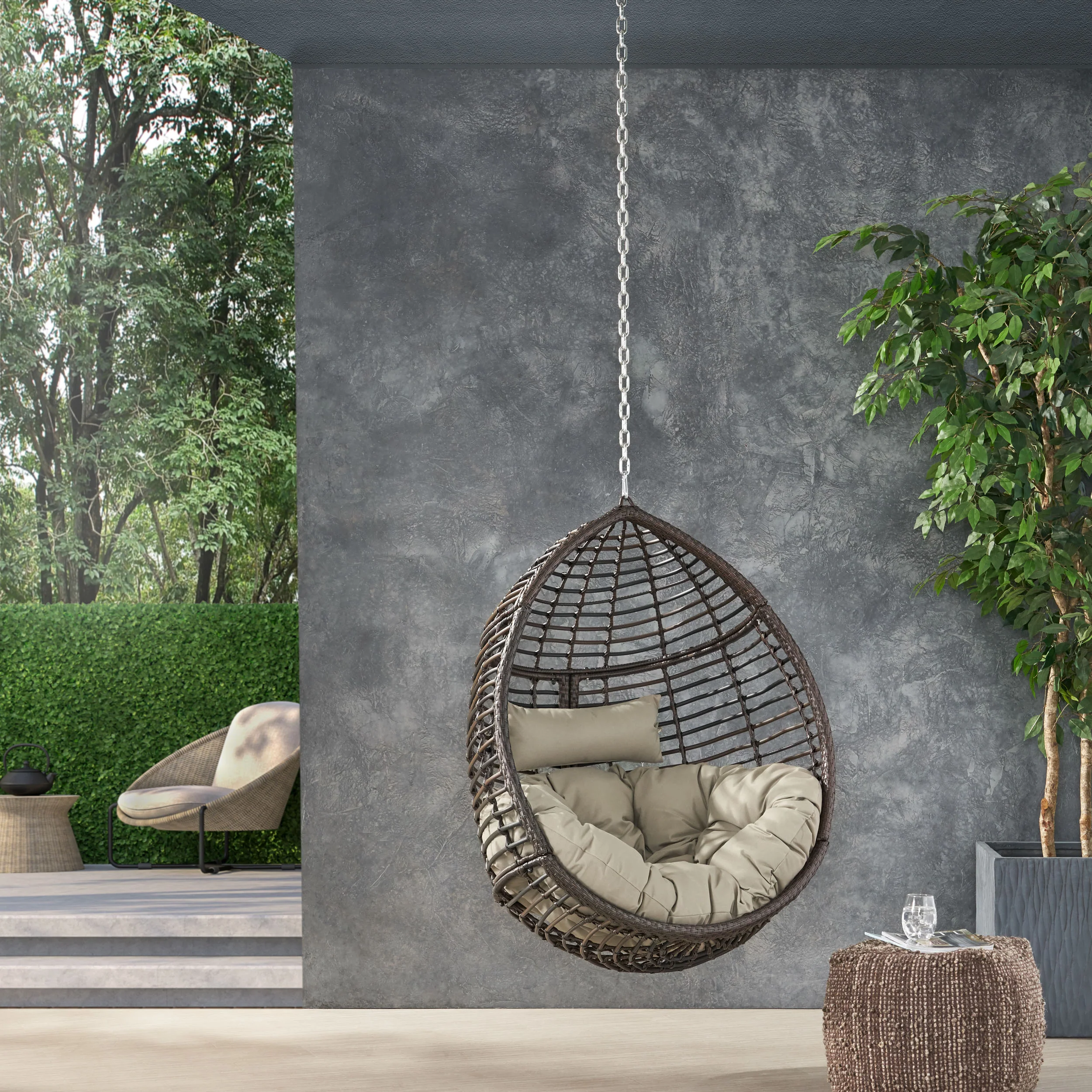 Relished Outdoor Rattan Swingasan™ Hanging Chair with Seat Cushion and Teardrop Shape - Image 8