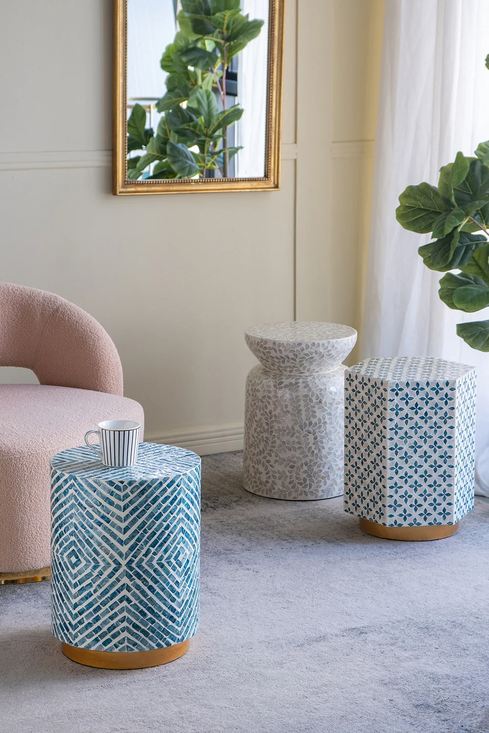 Round Blue & White Capiz Side Table - Image 5