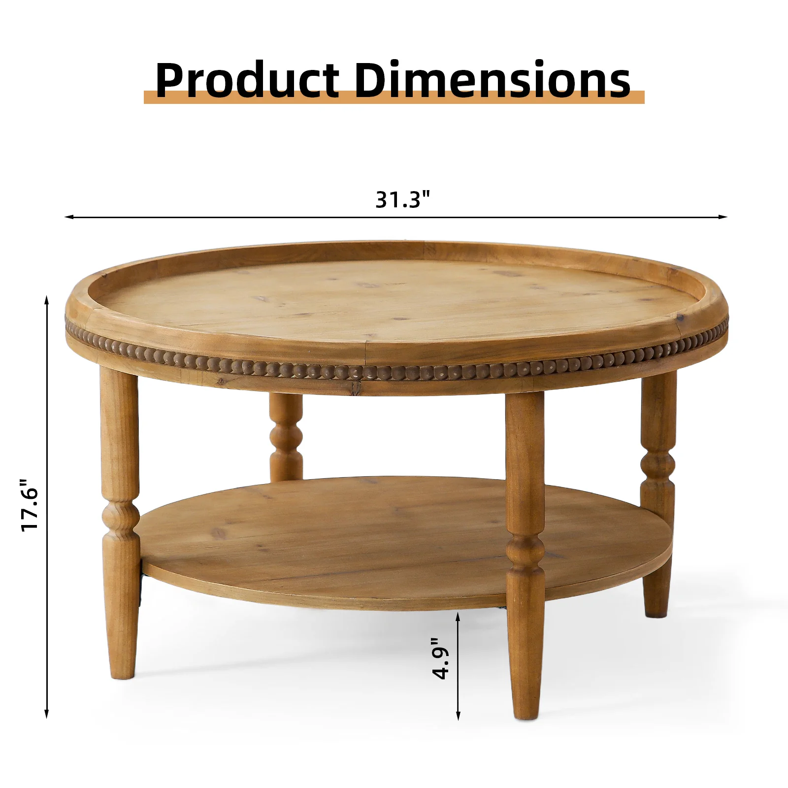 Round Boho Coffee Table with Storage Shelf & Beaded Trim - Image 3
