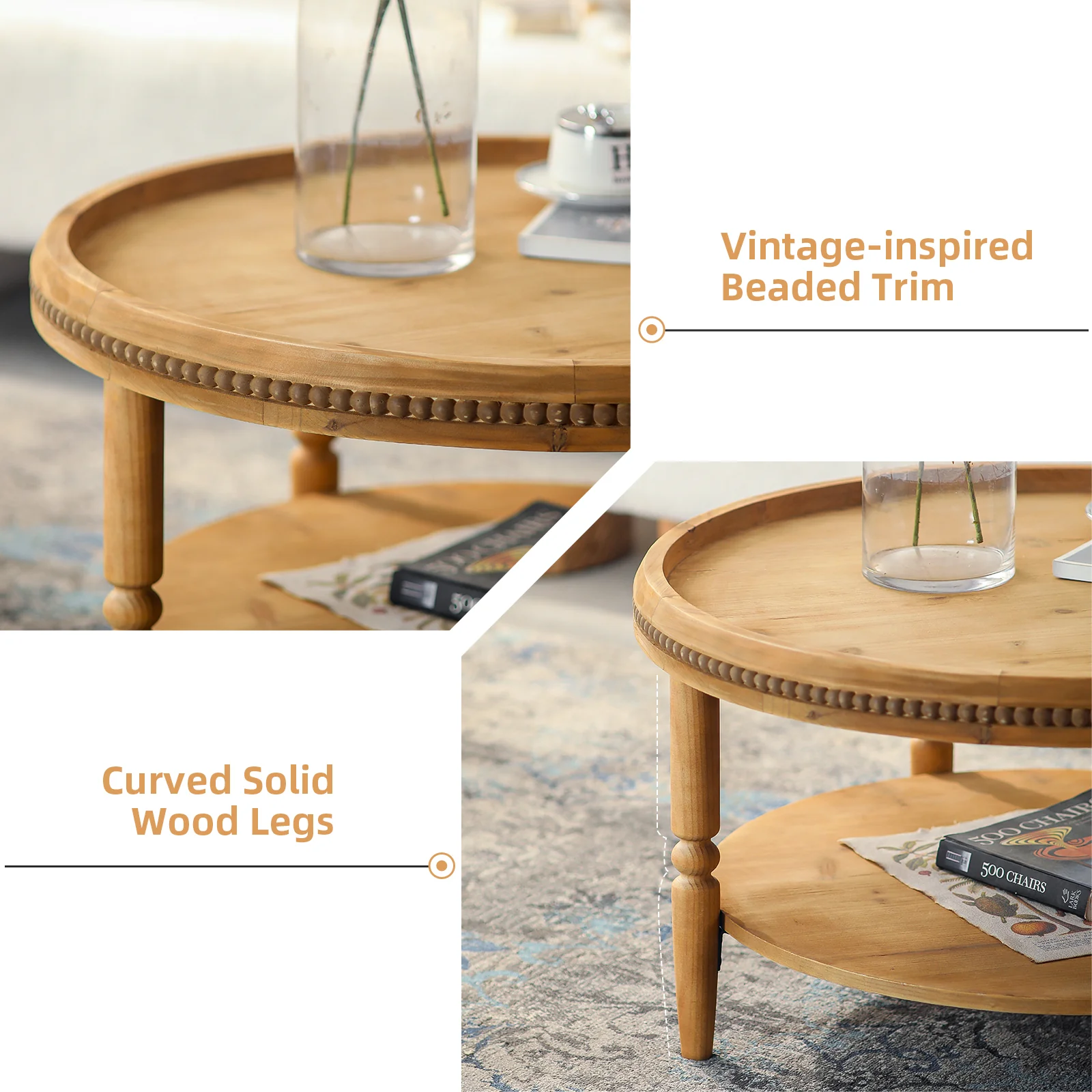 Round Boho Coffee Table with Storage Shelf & Beaded Trim - Image 4