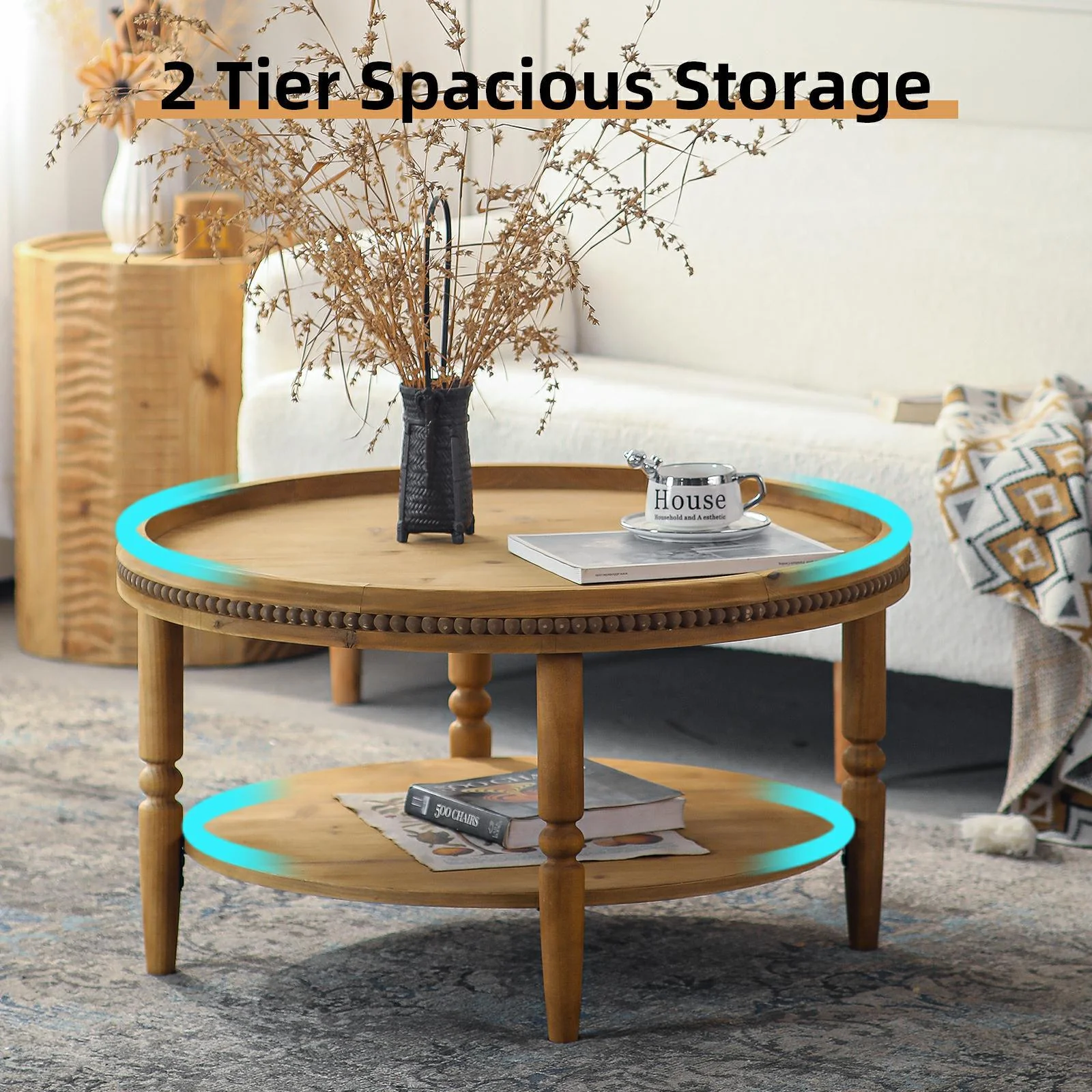 Round Boho Coffee Table with Storage Shelf & Beaded Trim - Image 5