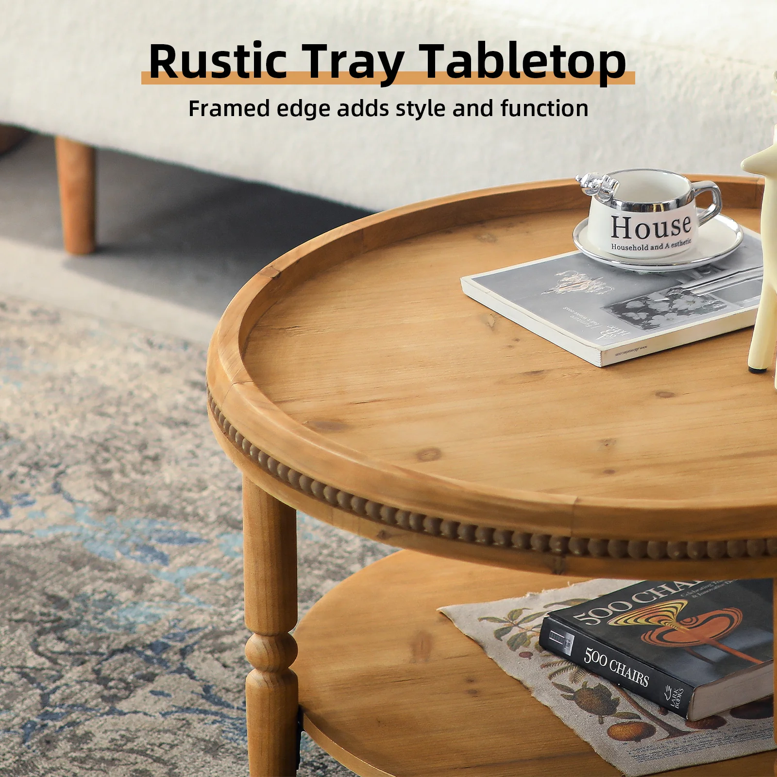 Round Boho Coffee Table with Storage Shelf & Beaded Trim - Image 6