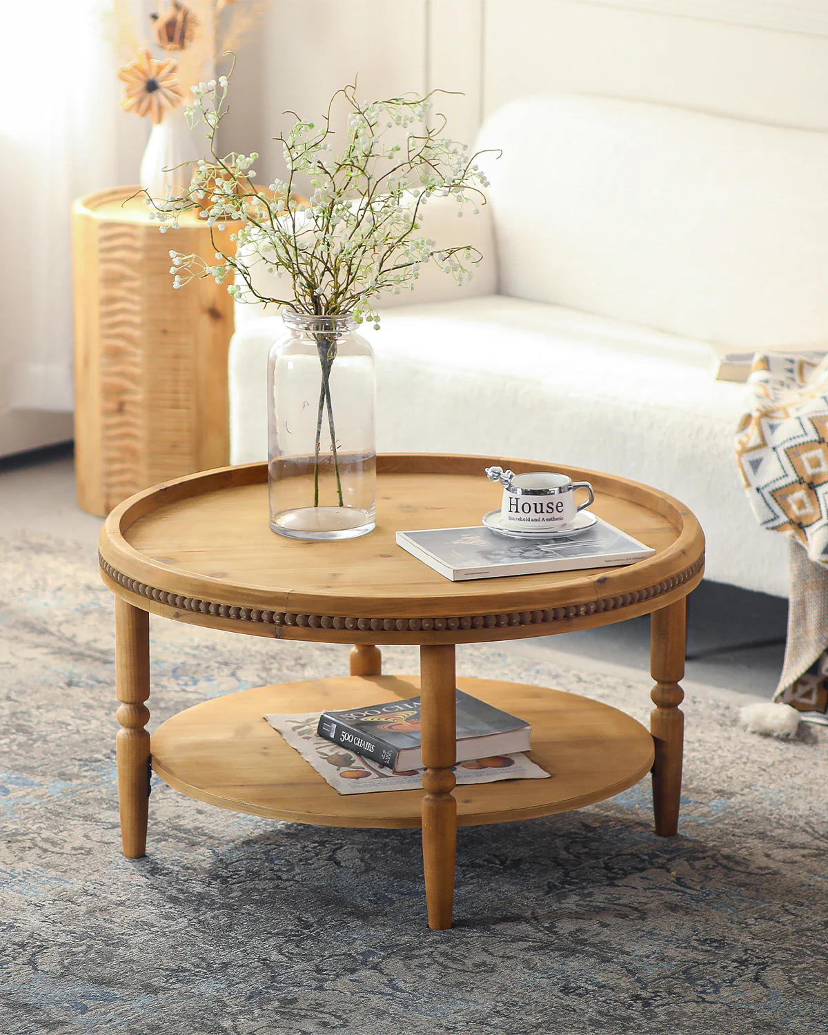 Round Boho Coffee Table with Storage Shelf & Beaded Trim - Image 7