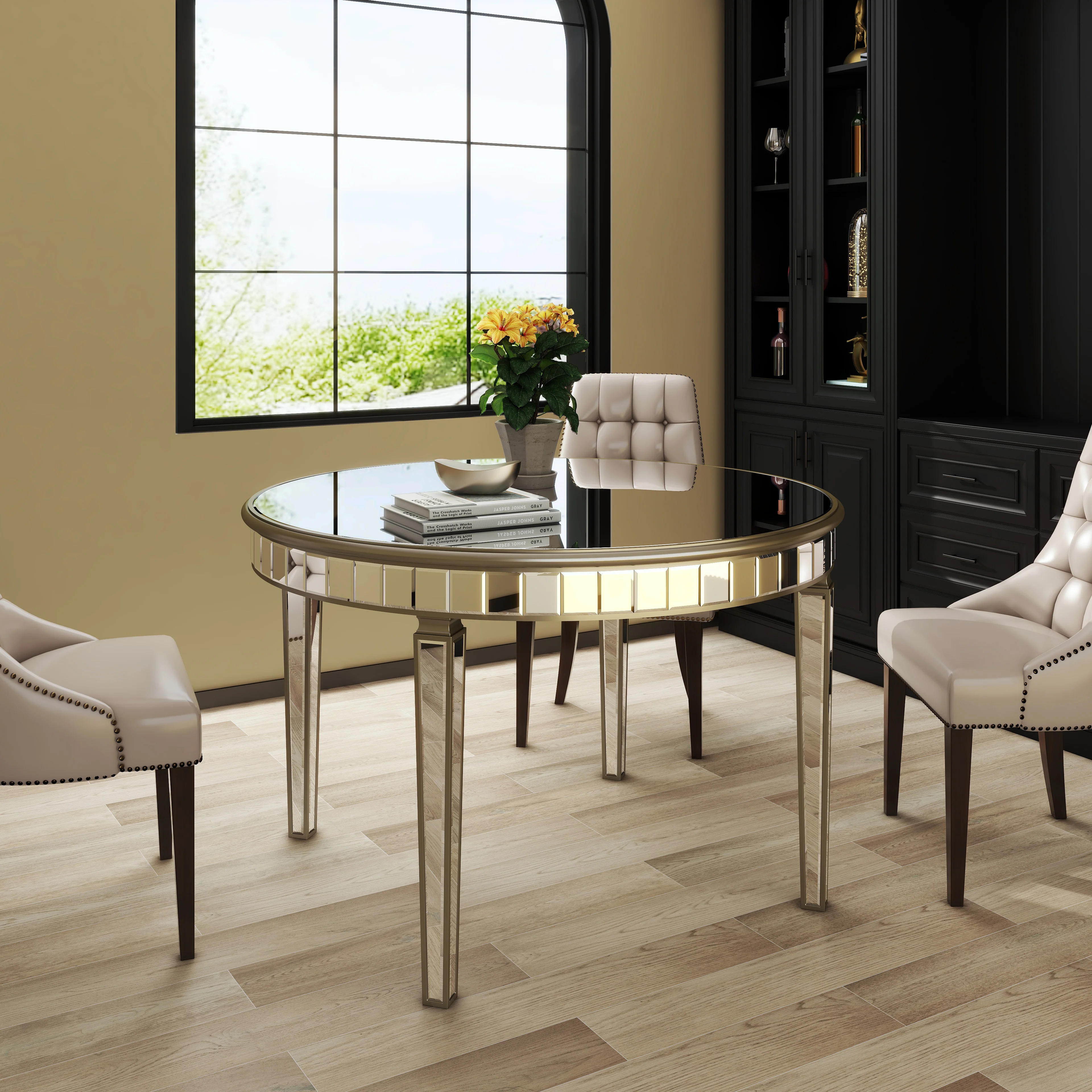 Round Glass Dining Table with Mirror Top