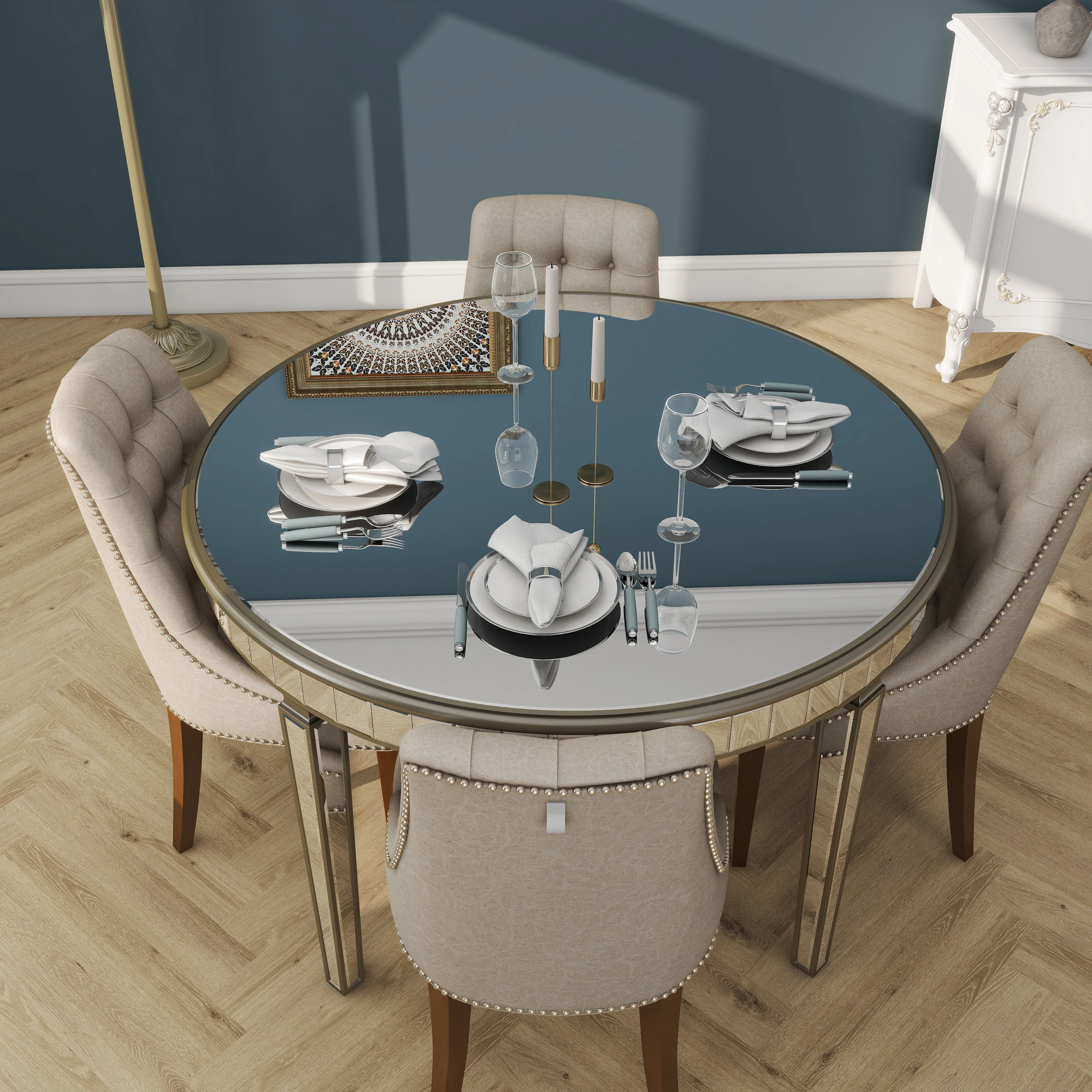 Round Glass Dining Table with Mirror Top - Image 13