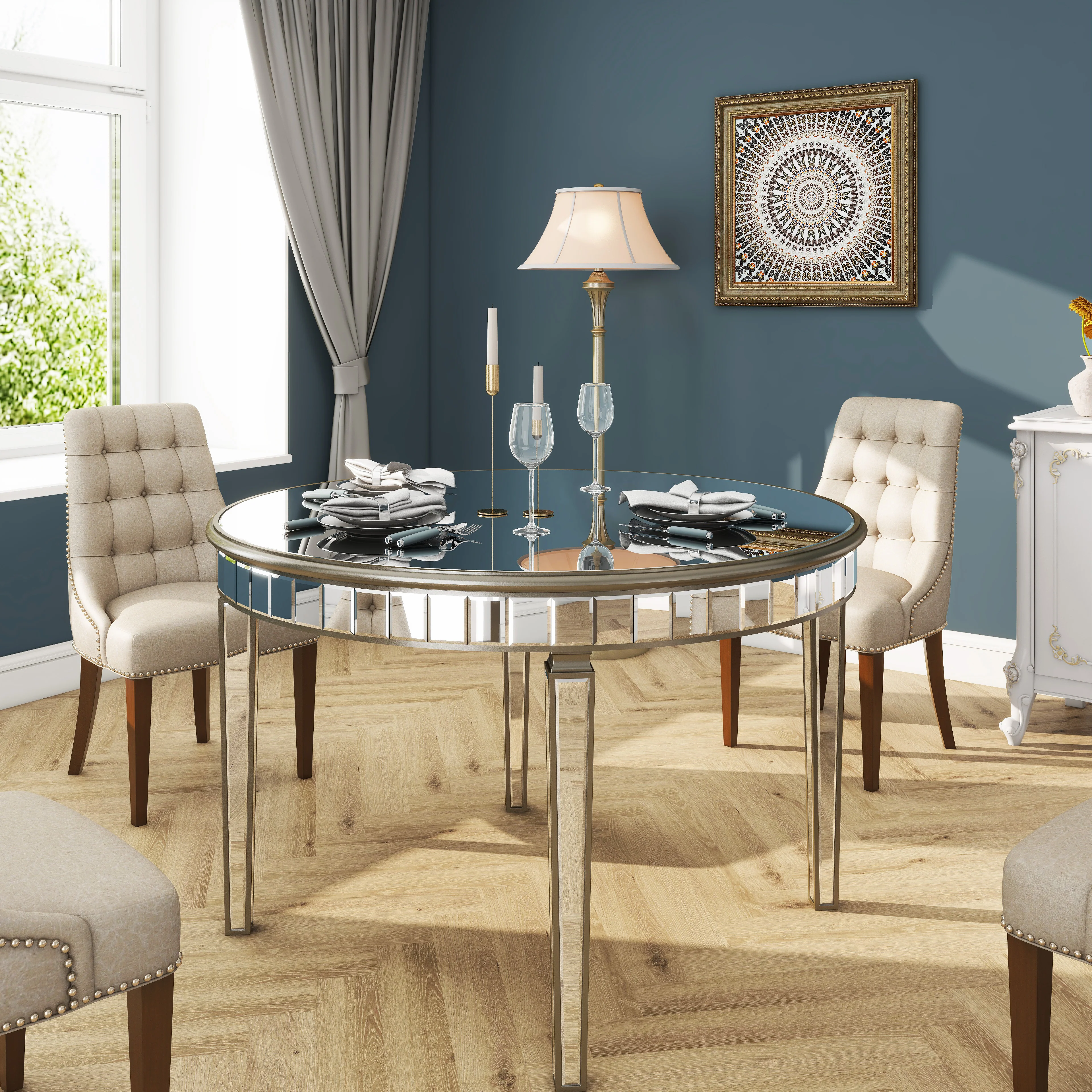 Round Glass Dining Table with Mirror Top - Image 14
