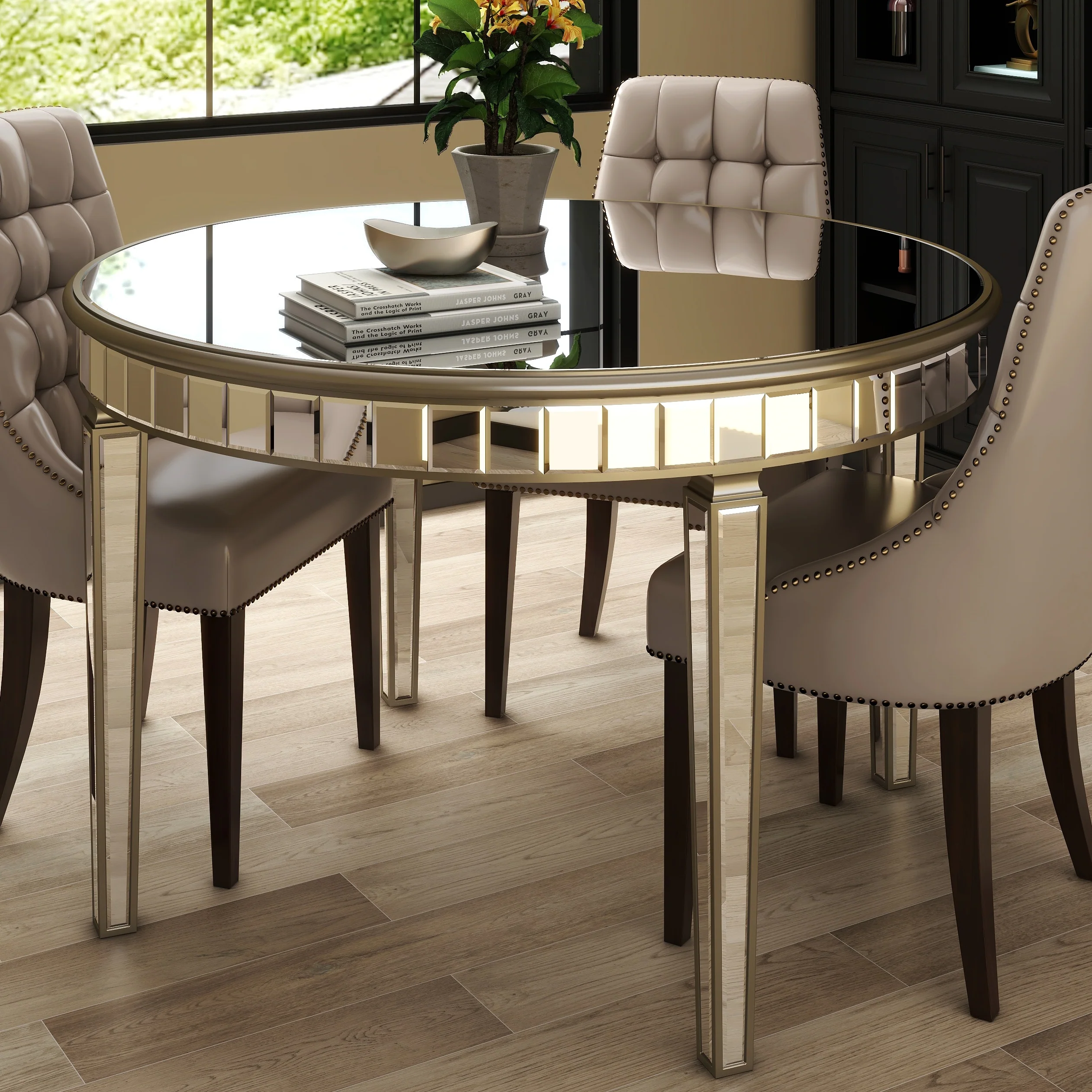 Round Glass Dining Table with Mirror Top - Image 2