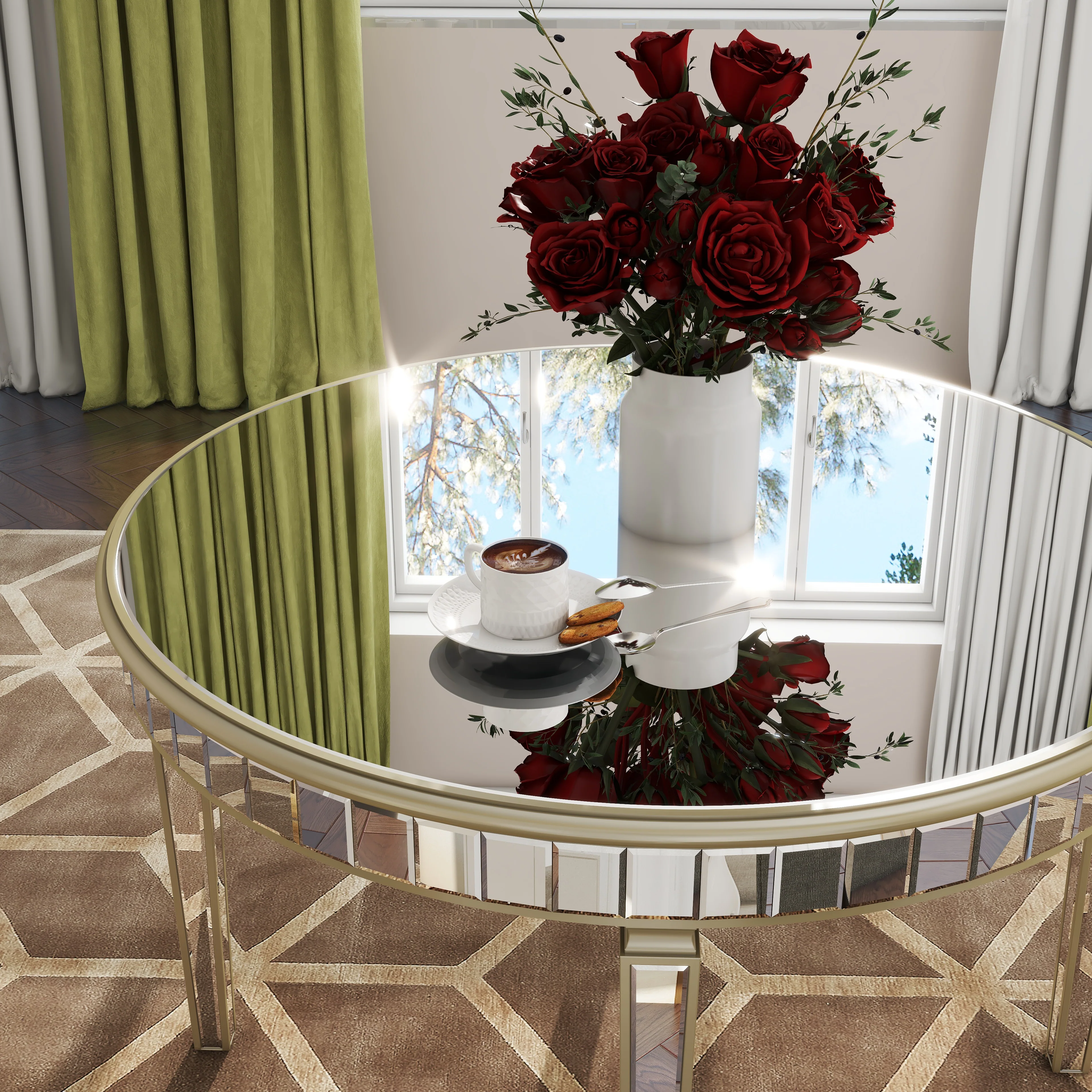 Round Glass Dining Table with Mirror Top - Image 7